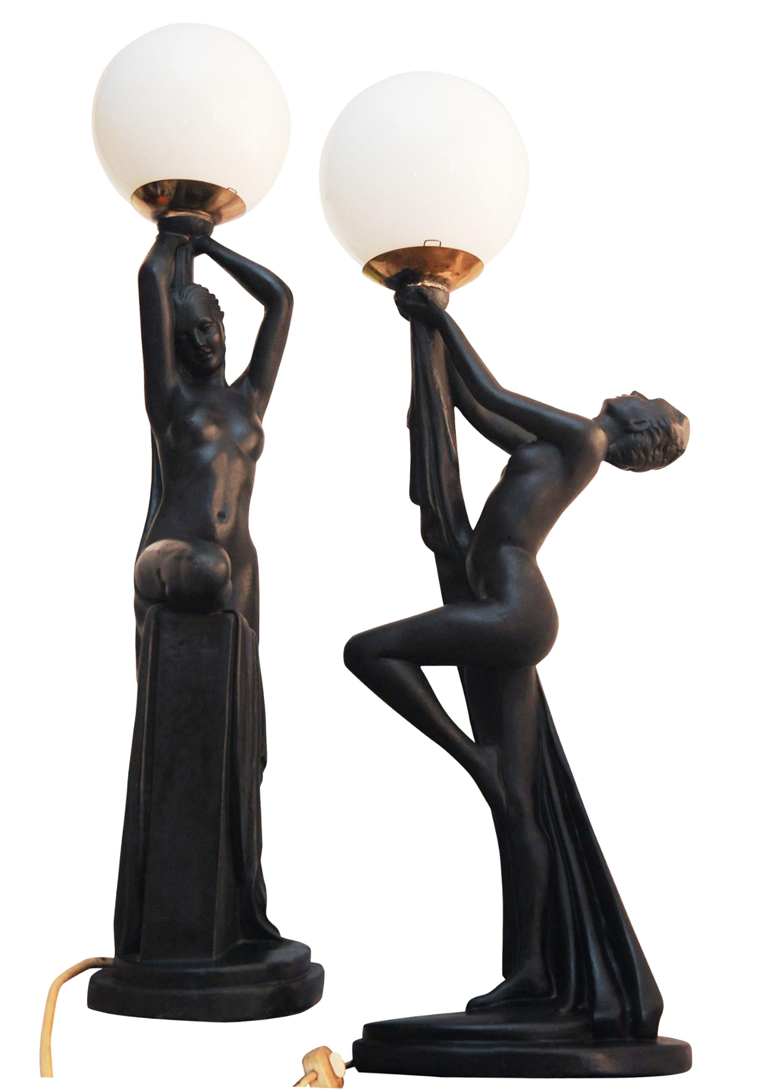 20th Century Pair of Exquisite Art Deco Ebonized Plaster Nude Feminine Form Table Lamps 1930s For Sale