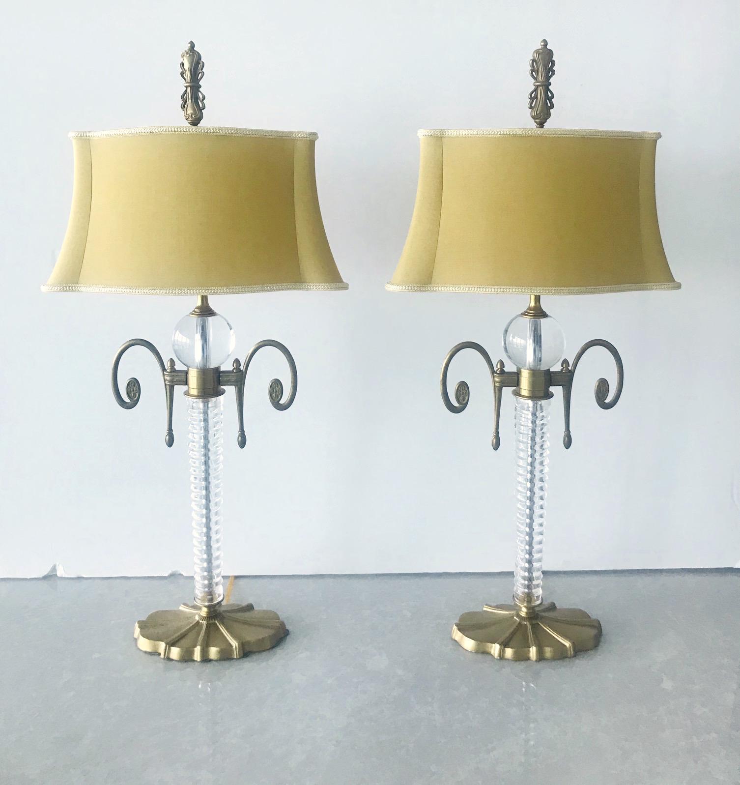 American Pair of Exquisite Art Deco Glass and Gilded Brass Lamps