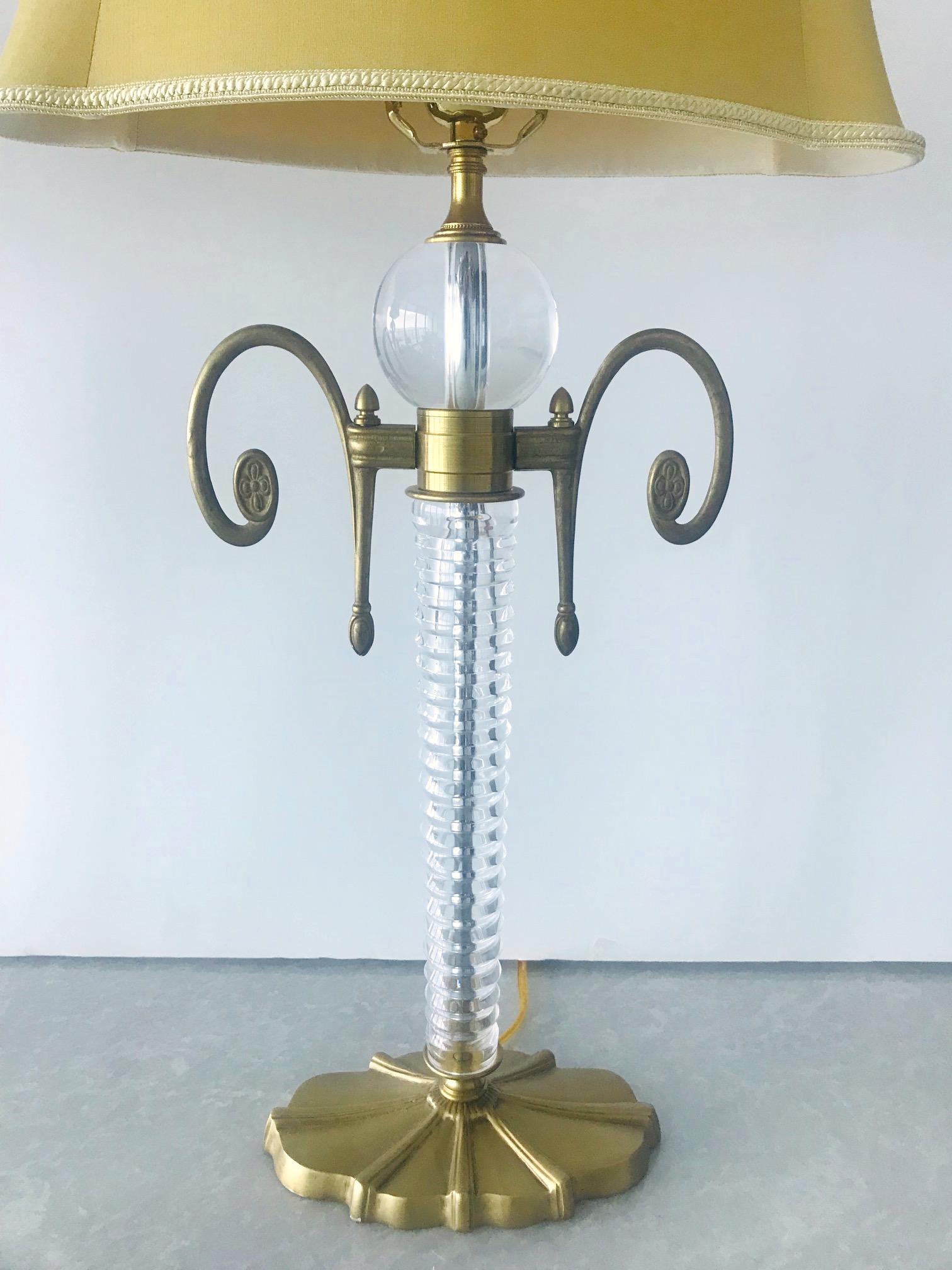 Late 20th Century Pair of Exquisite Art Deco Glass and Gilded Brass Lamps