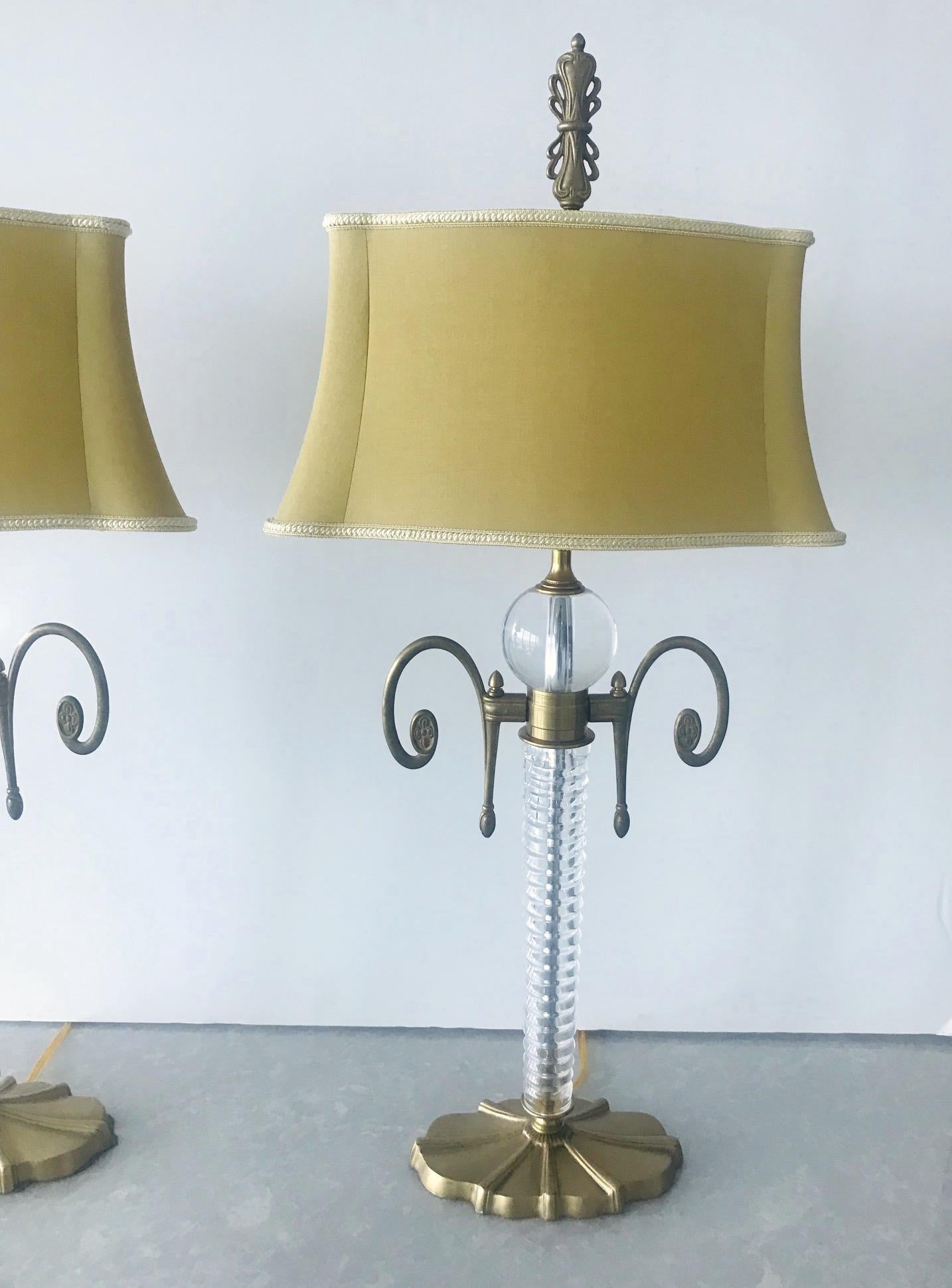 Art Glass Pair of Exquisite Art Deco Glass and Gilded Brass Lamps