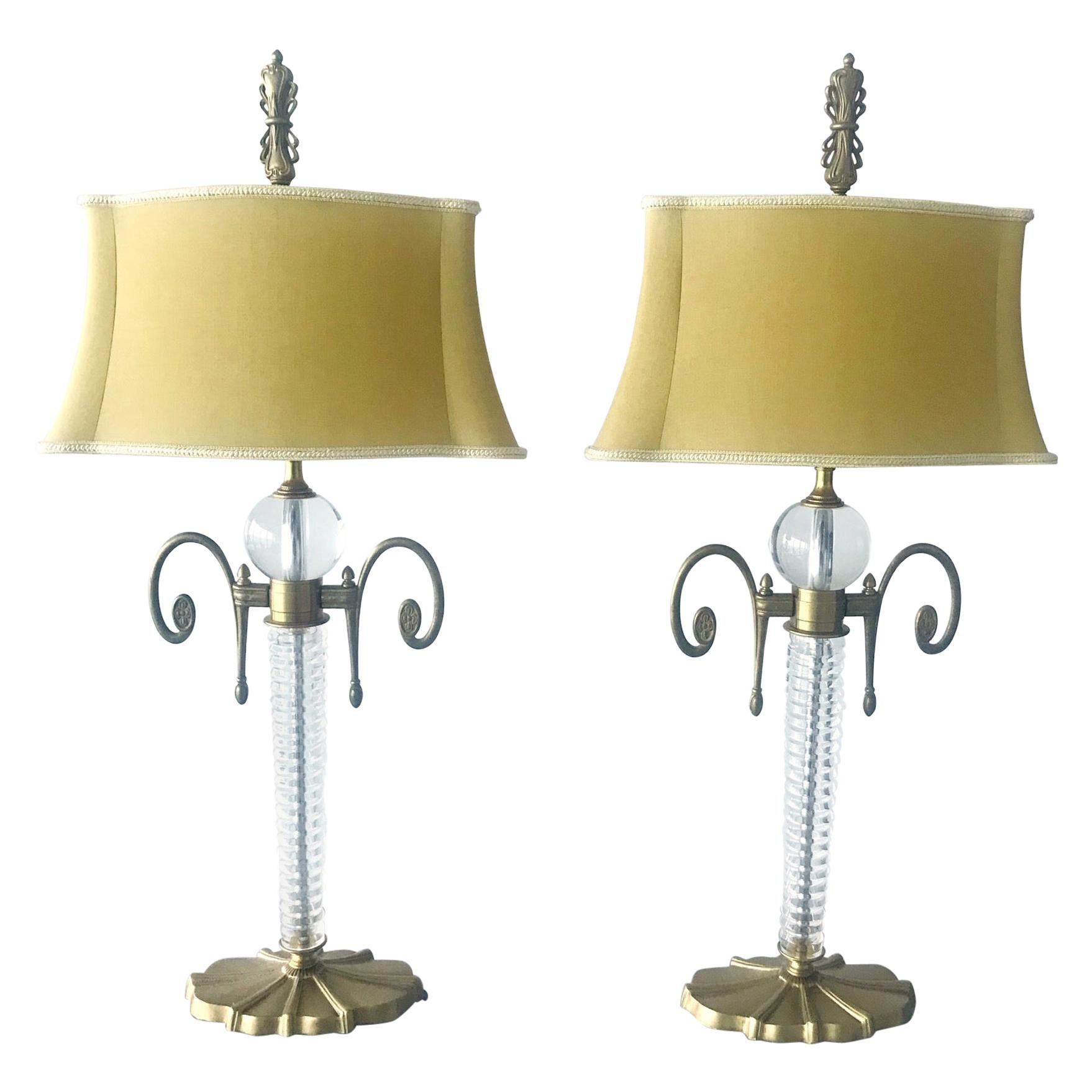 Pair of Exquisite Art Deco Glass and Gilded Brass Lamps