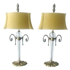 Vintage Pair of Exquisite Art Deco Glass and Gilded Brass Lamps