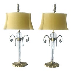 Pair of Exquisite Art Deco Glass and Gilded Brass Lamps