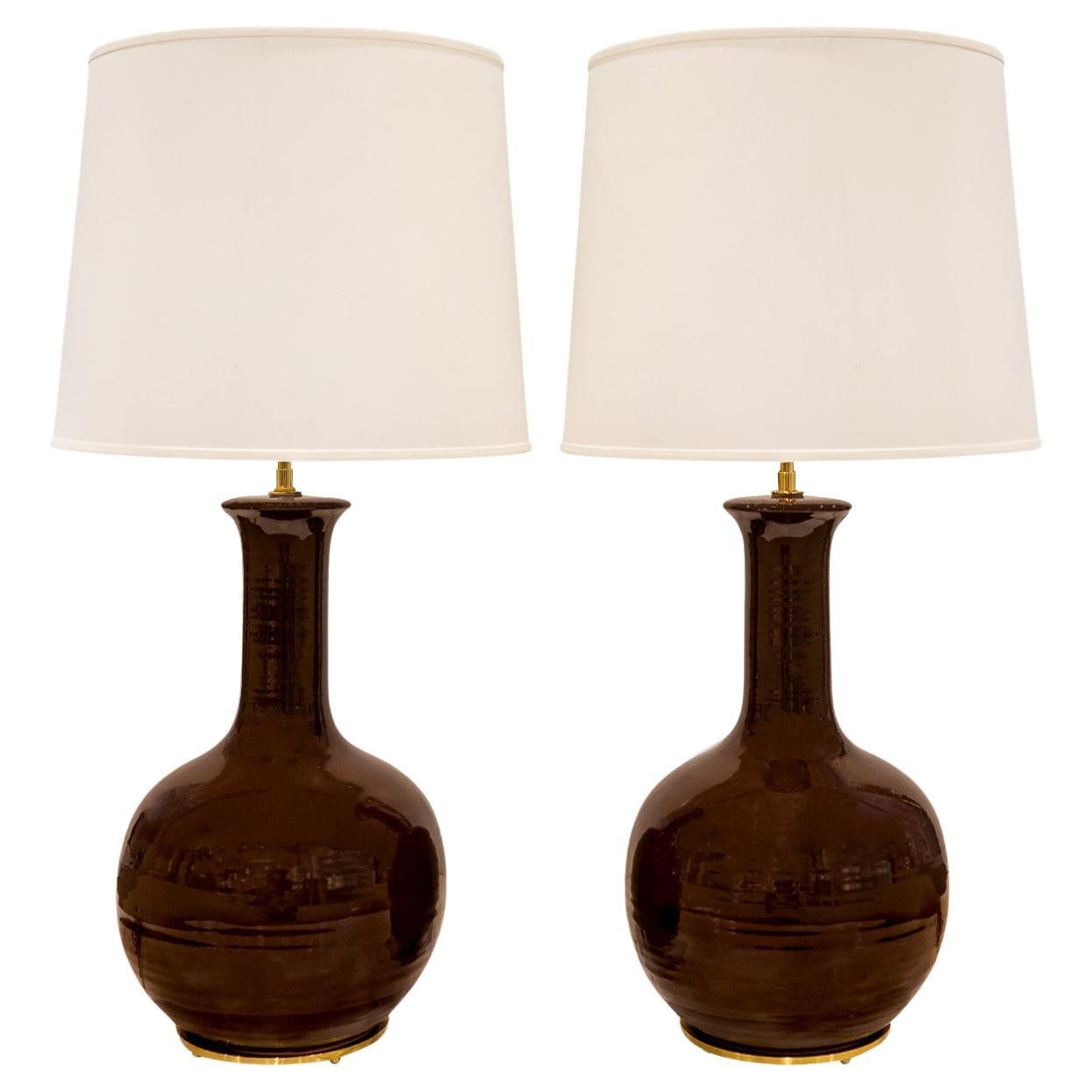 Pair of Exquisite Artisan Porcelain Lamps with Polished Brass Hardware 1960s For Sale