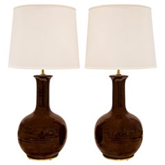 Pair of Exquisite Artisan Porcelain Lamps with Polished Brass Hardware 1960s