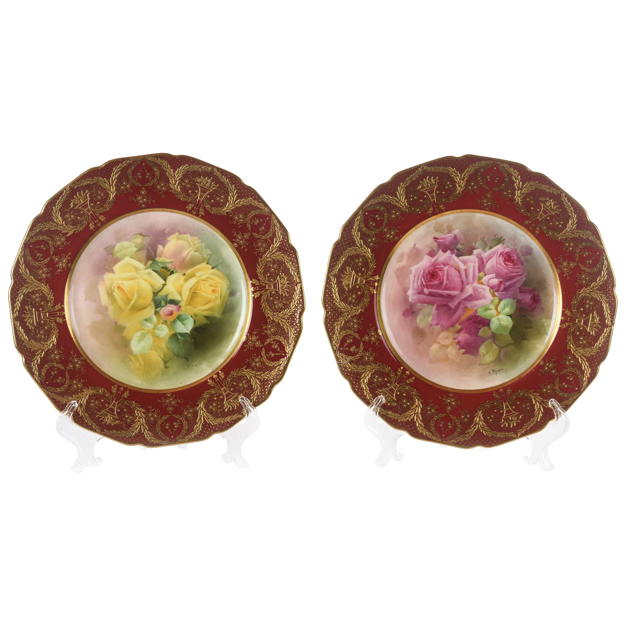 Pair of Exquisite Cabinet Plates, Antique Royal Doulton England, Gilt Encrusted