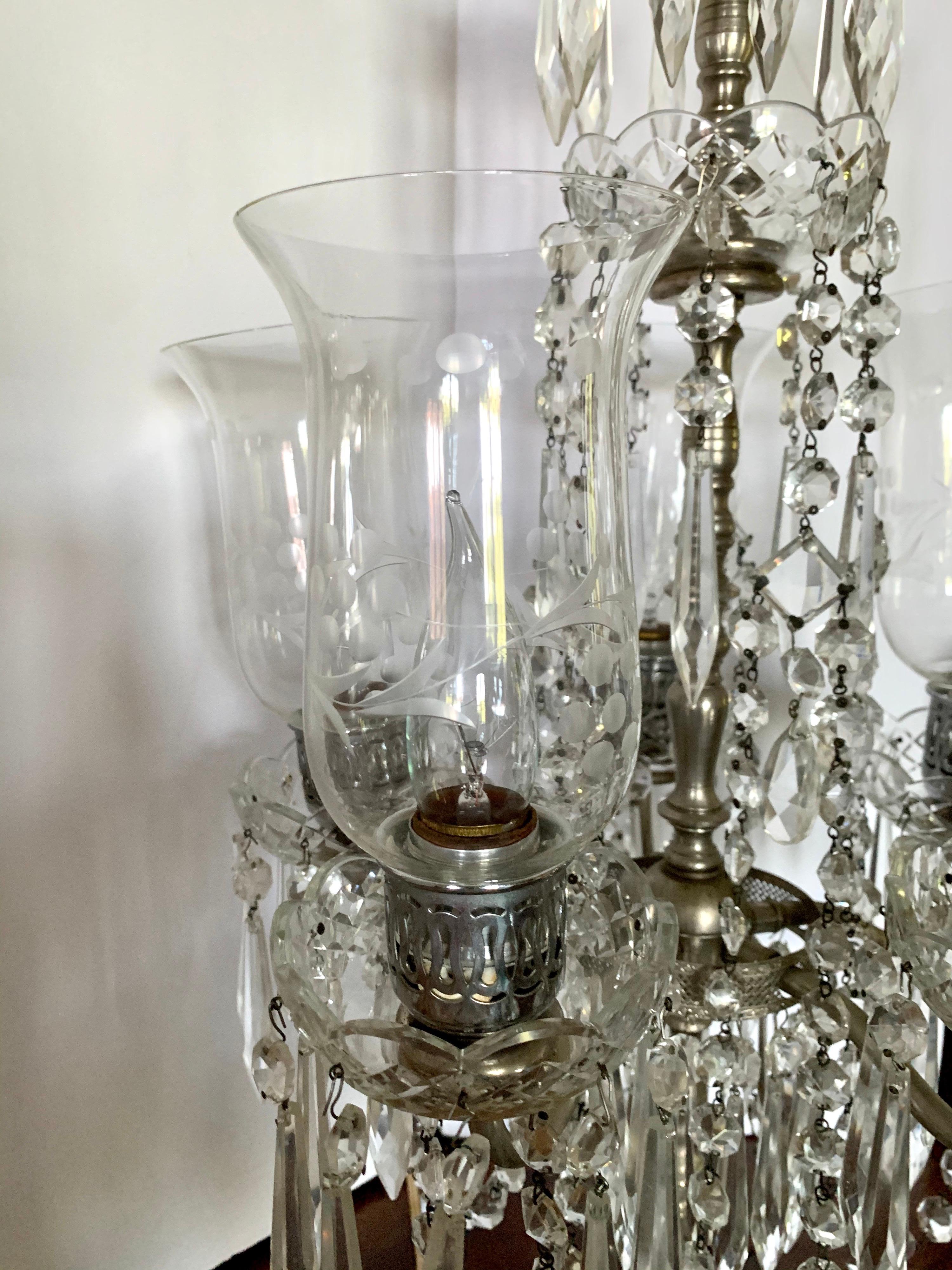 Pair of Exquisite Crystal and Silver Five Arm Candelabras with Marble Base 5