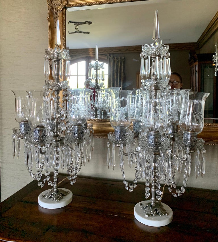 Pair of Exquisite Crystal and Silver Five Arm Candelabras with Marble