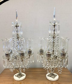 Pair of Exquisite Crystal and Silver Five Arm Candelabras with Marble Base