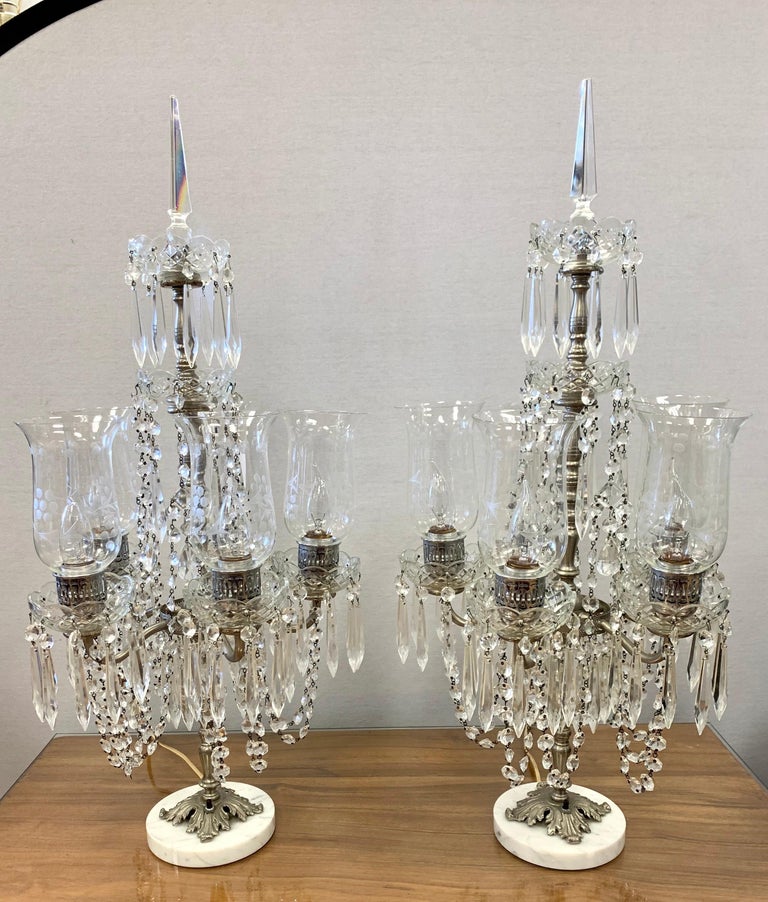 Pair of Exquisite Crystal and Silver Five Arm Candelabras with Marble
