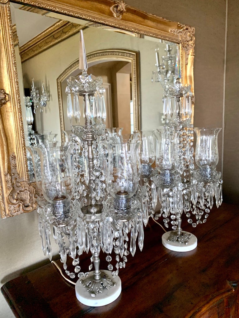 Pair of Exquisite Crystal and Silver Five Arm Candelabras with Marble