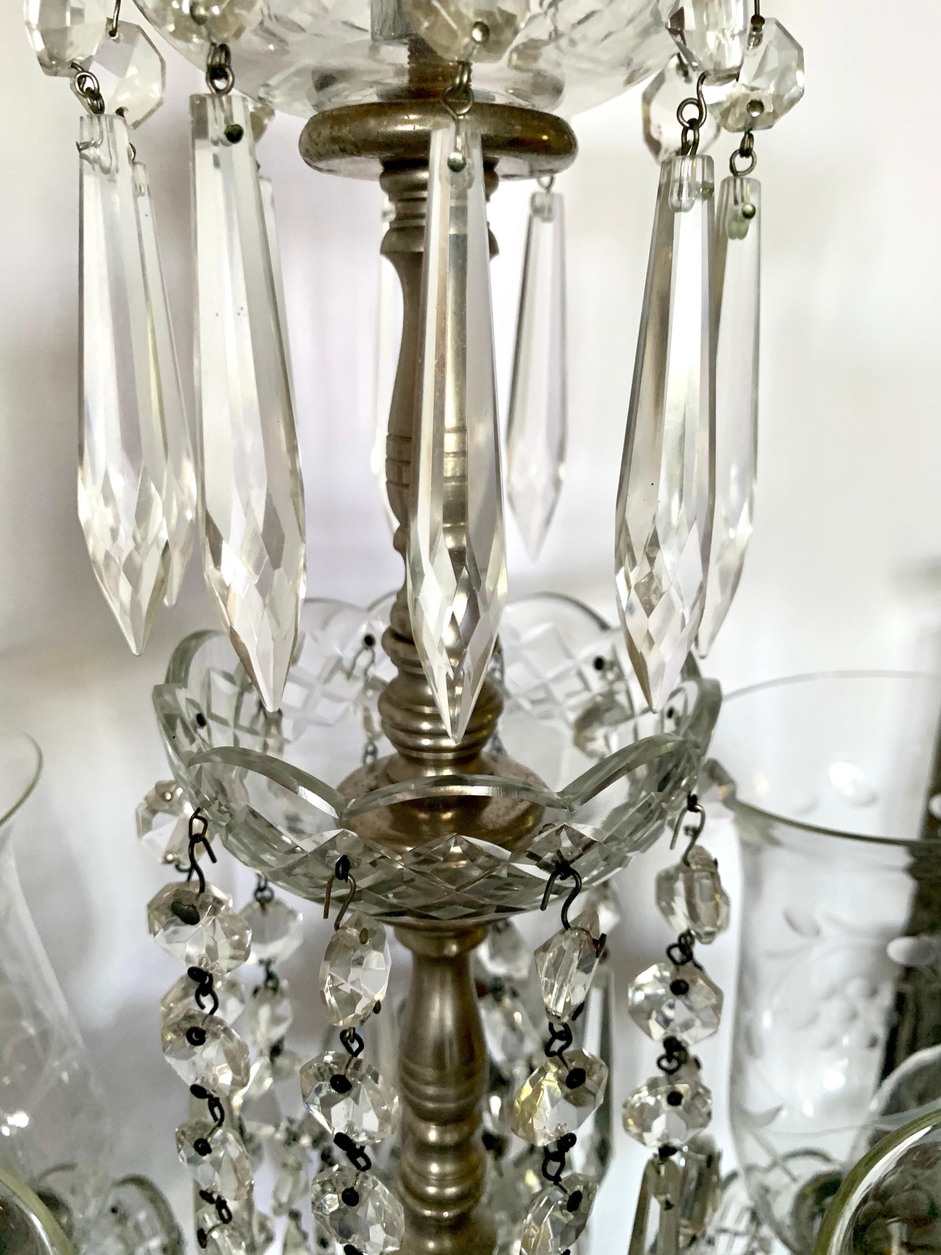 French Pair of Exquisite Crystal and Silver Five Arm Candelabras with Marble Base