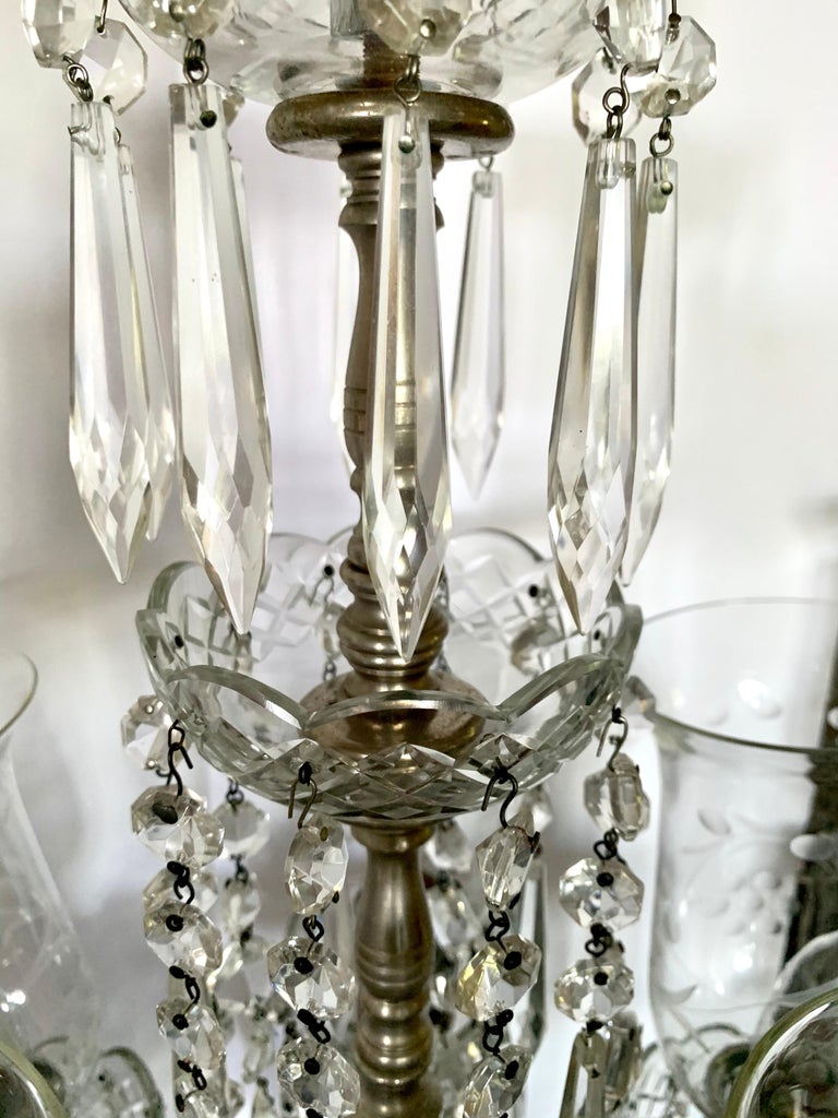 Pair of Exquisite Crystal and Silver Five Arm Candelabras with Marble