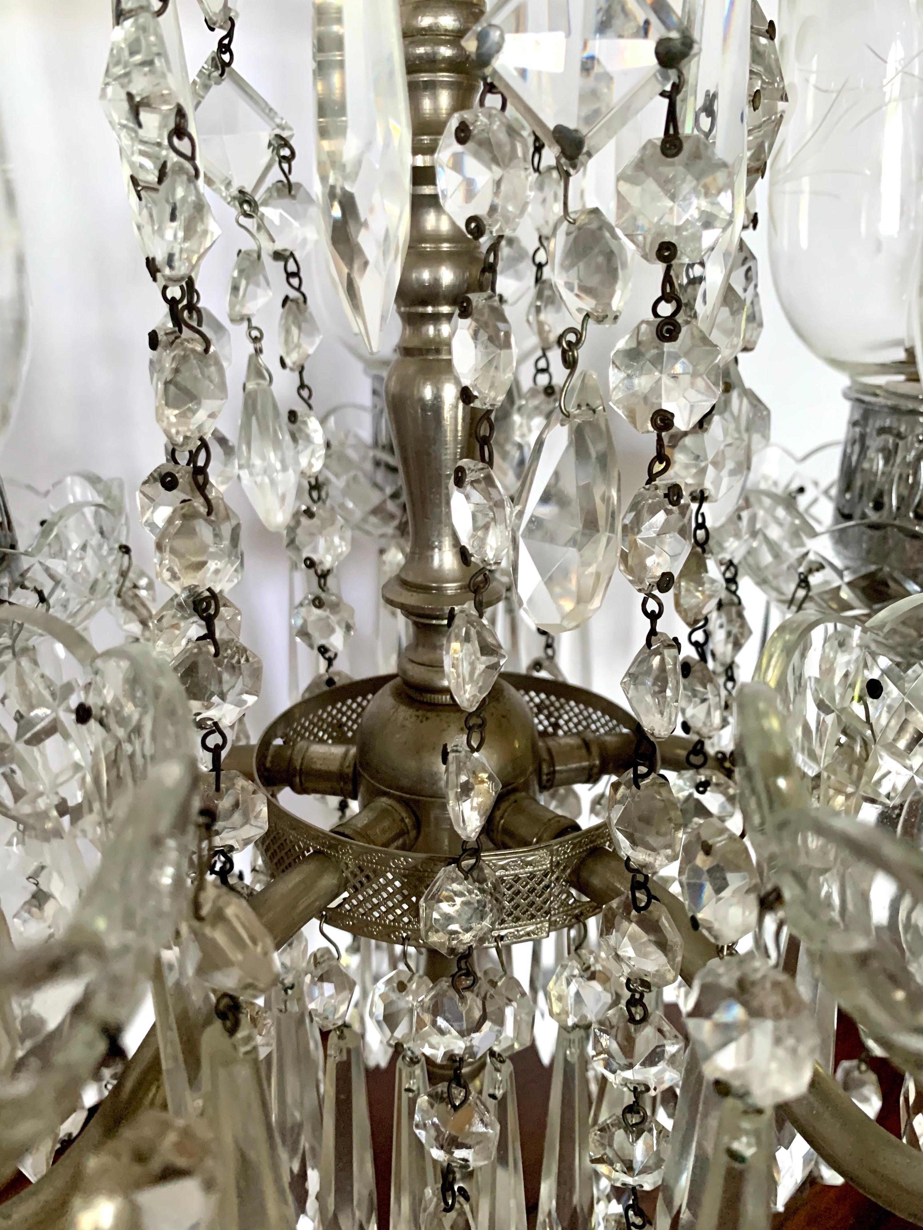 Pair of Exquisite Crystal and Silver Five Arm Candelabras with Marble Base In Good Condition In West Hartford, CT