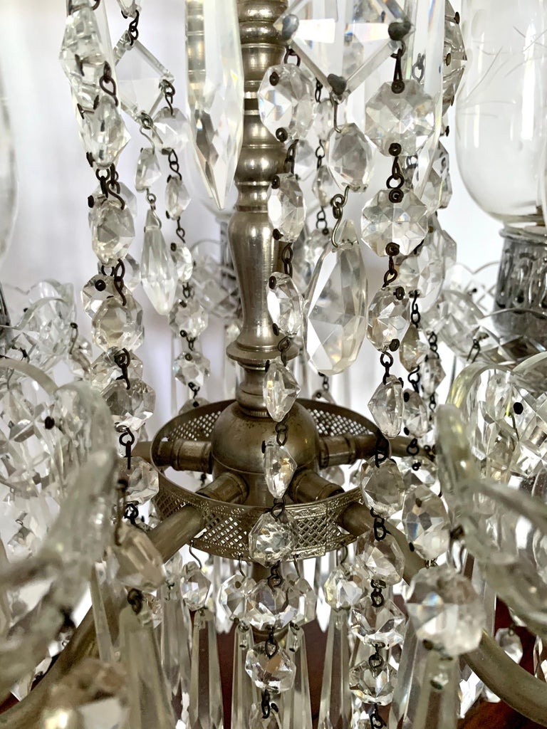 Pair of Exquisite Crystal and Silver Five Arm Candelabras with Marble