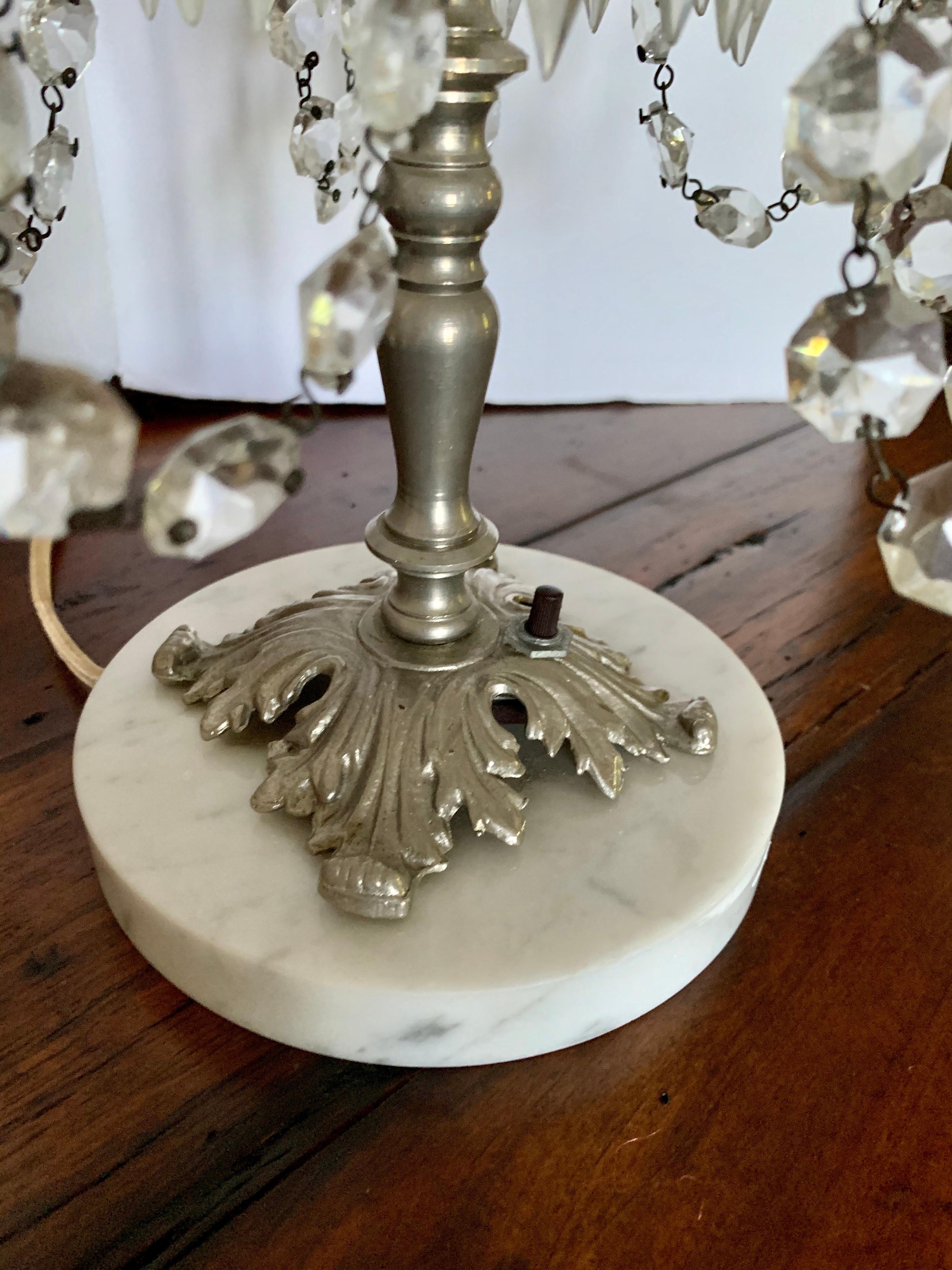 Mid-20th Century Pair of Exquisite Crystal and Silver Five Arm Candelabras with Marble Base