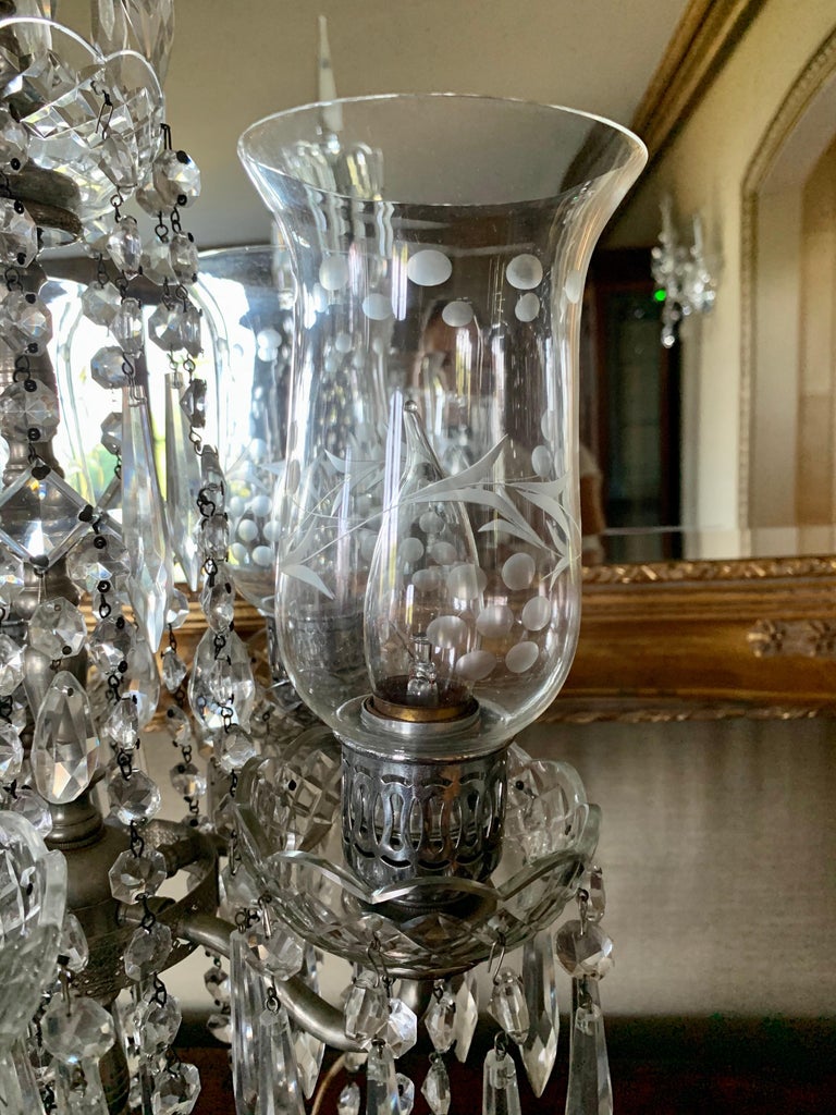 Pair of Exquisite Crystal and Silver Five Arm Candelabras with Marble
