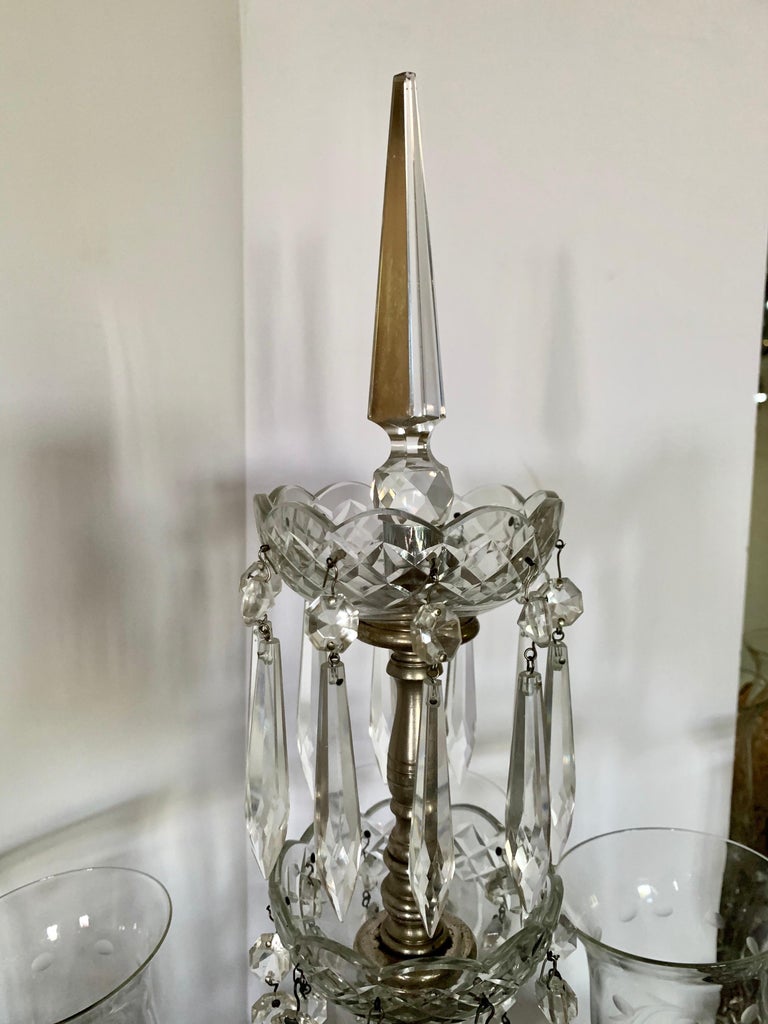 Pair of Exquisite Crystal and Silver Five Arm Candelabras with Marble