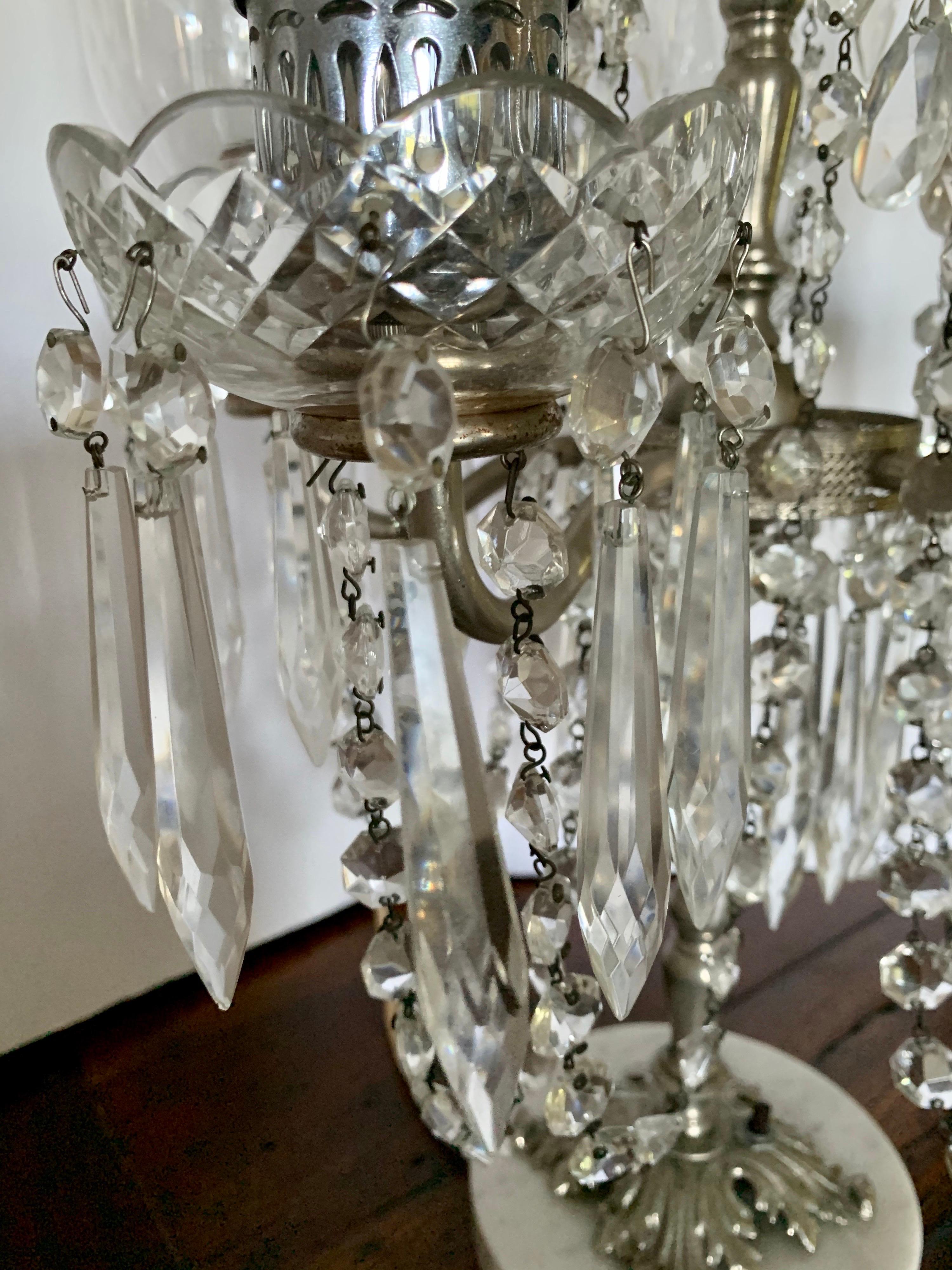 Pair of Exquisite Crystal and Silver Five Arm Candelabras with Marble Base 3
