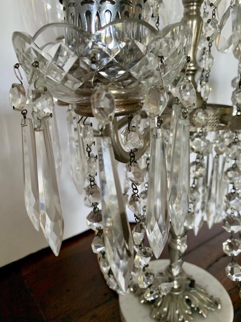 Pair of Exquisite Crystal and Silver Five Arm Candelabras with Marble