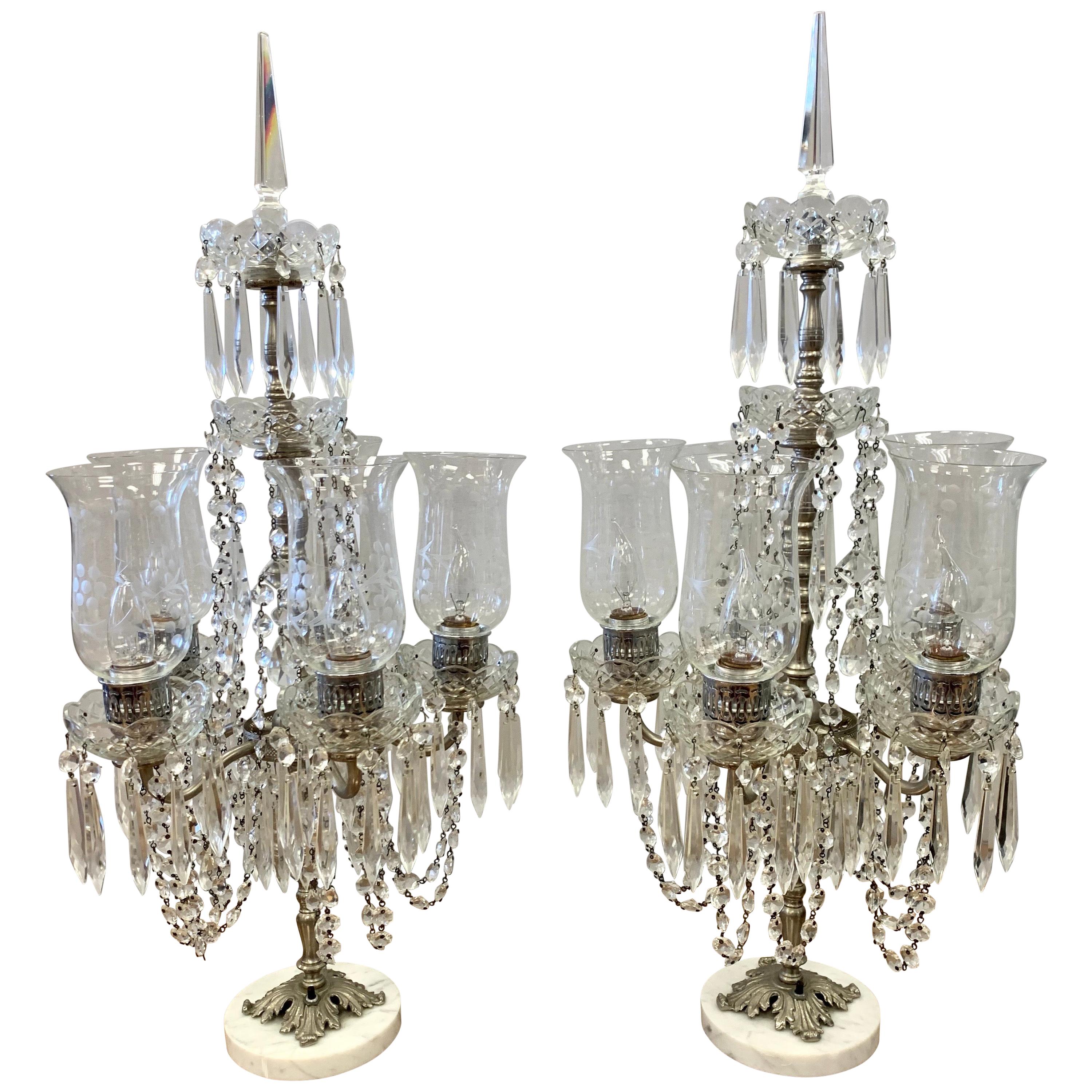 Pair of Exquisite Crystal and Silver Five Arm Candelabras with Marble Base
