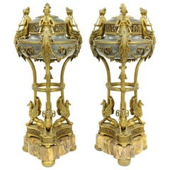 Pair of Exquisite Empire Style Bronze-Mounted Marble Cassolettes Attrib. Thomire
