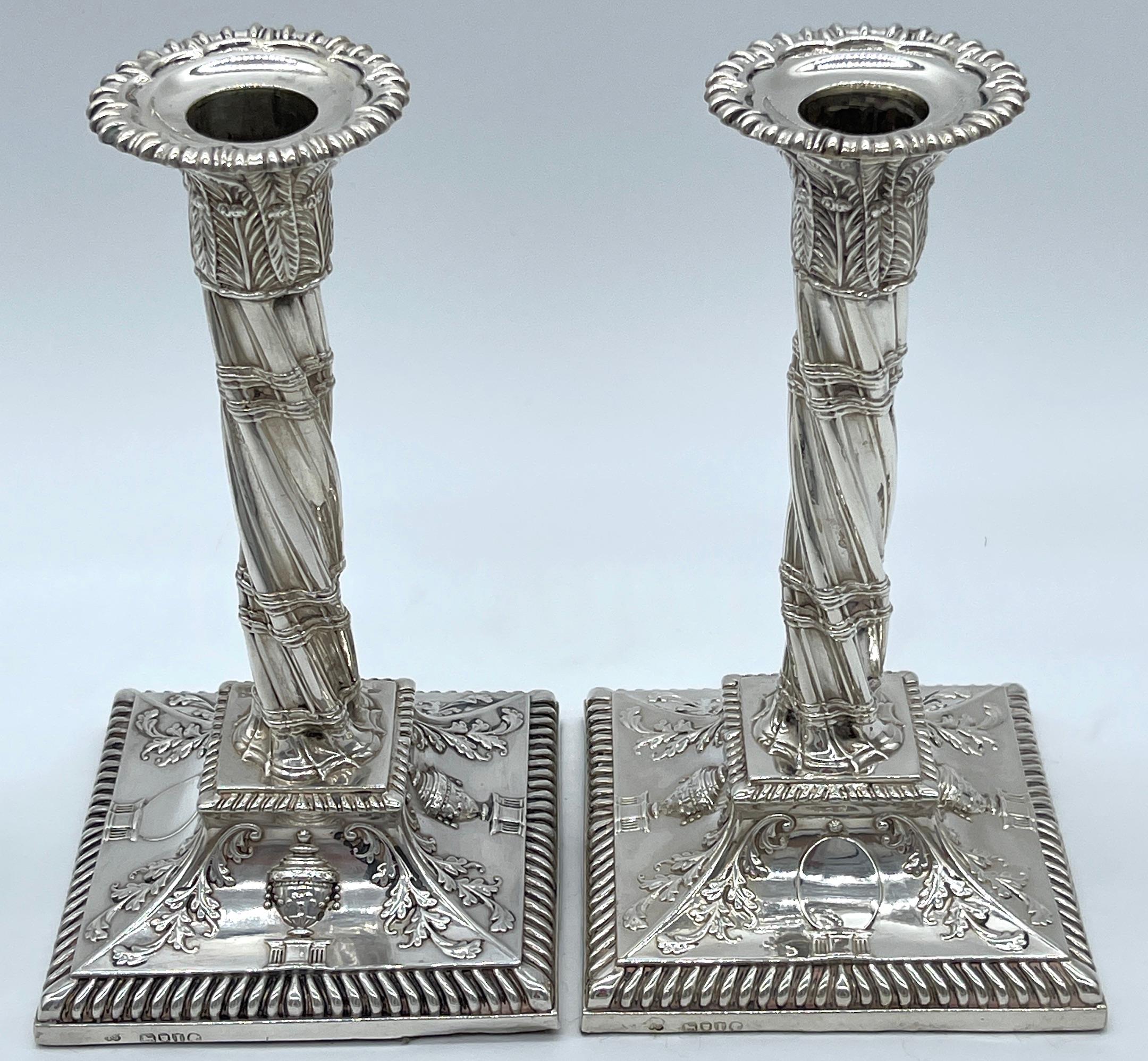 19th Century Pair of Exquisite English Victorian Sterling Neoclassical Column Candlesticks  For Sale