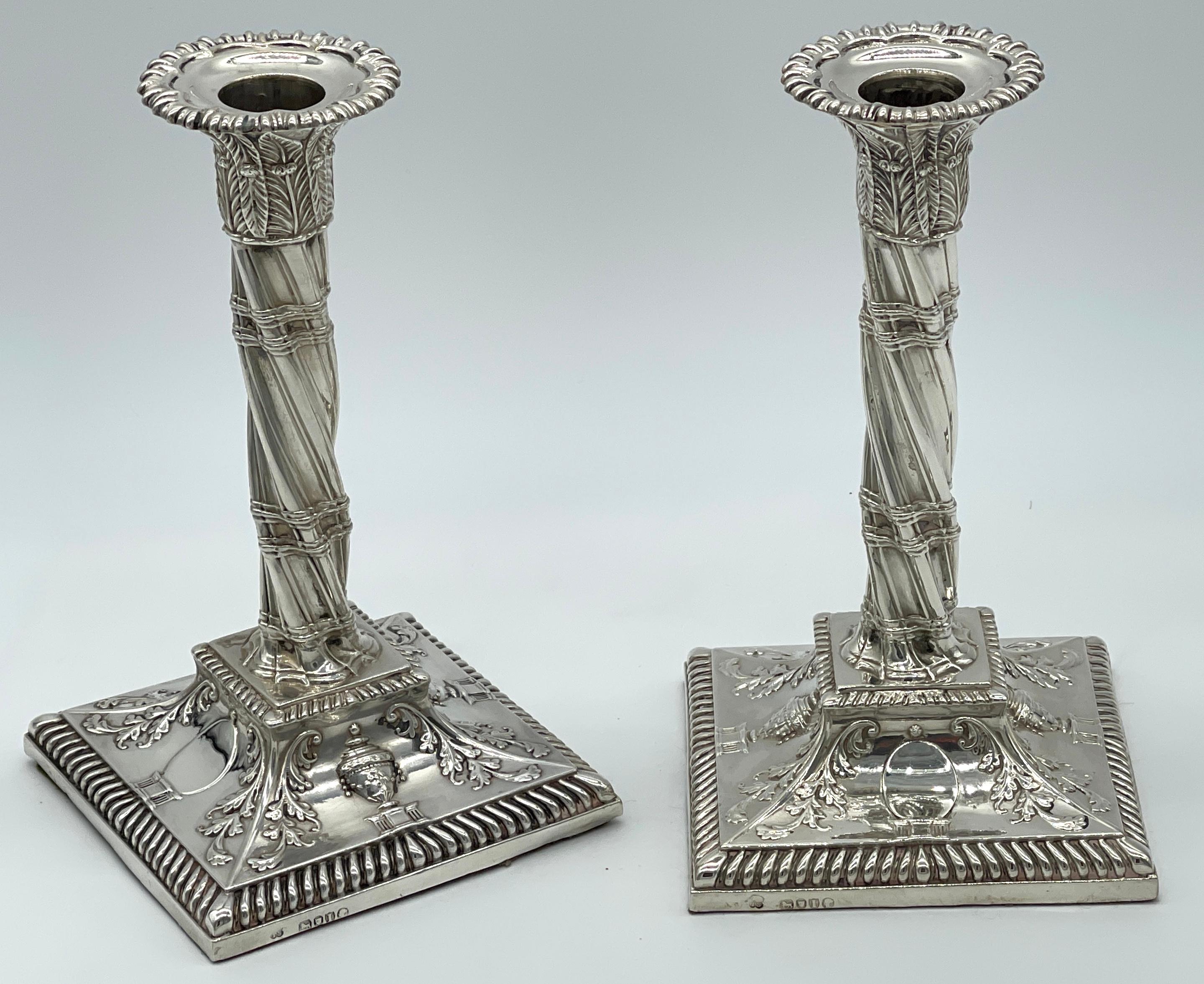 Sterling Silver Pair of Exquisite English Victorian Sterling Neoclassical Column Candlesticks  For Sale