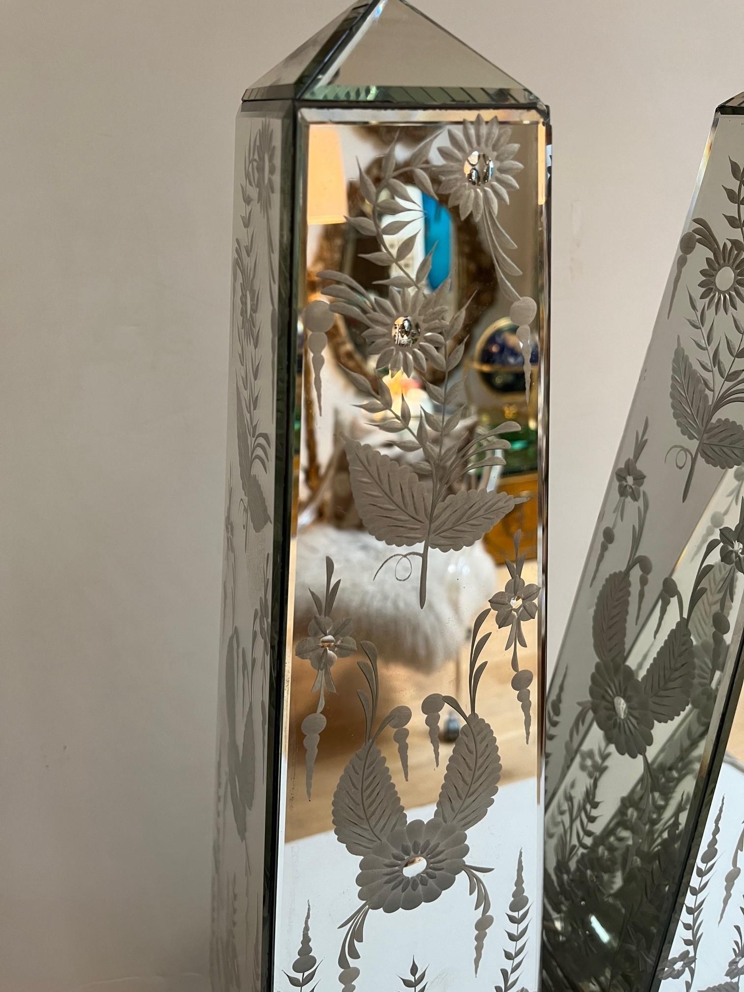 American Pair of Exquisite Etched Floral Designs Mirrored Obelisk For Sale