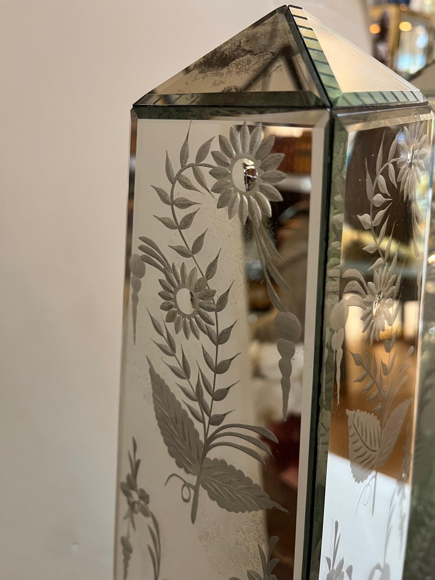 Glass Pair of Exquisite Etched Floral Designs Mirrored Obelisk For Sale