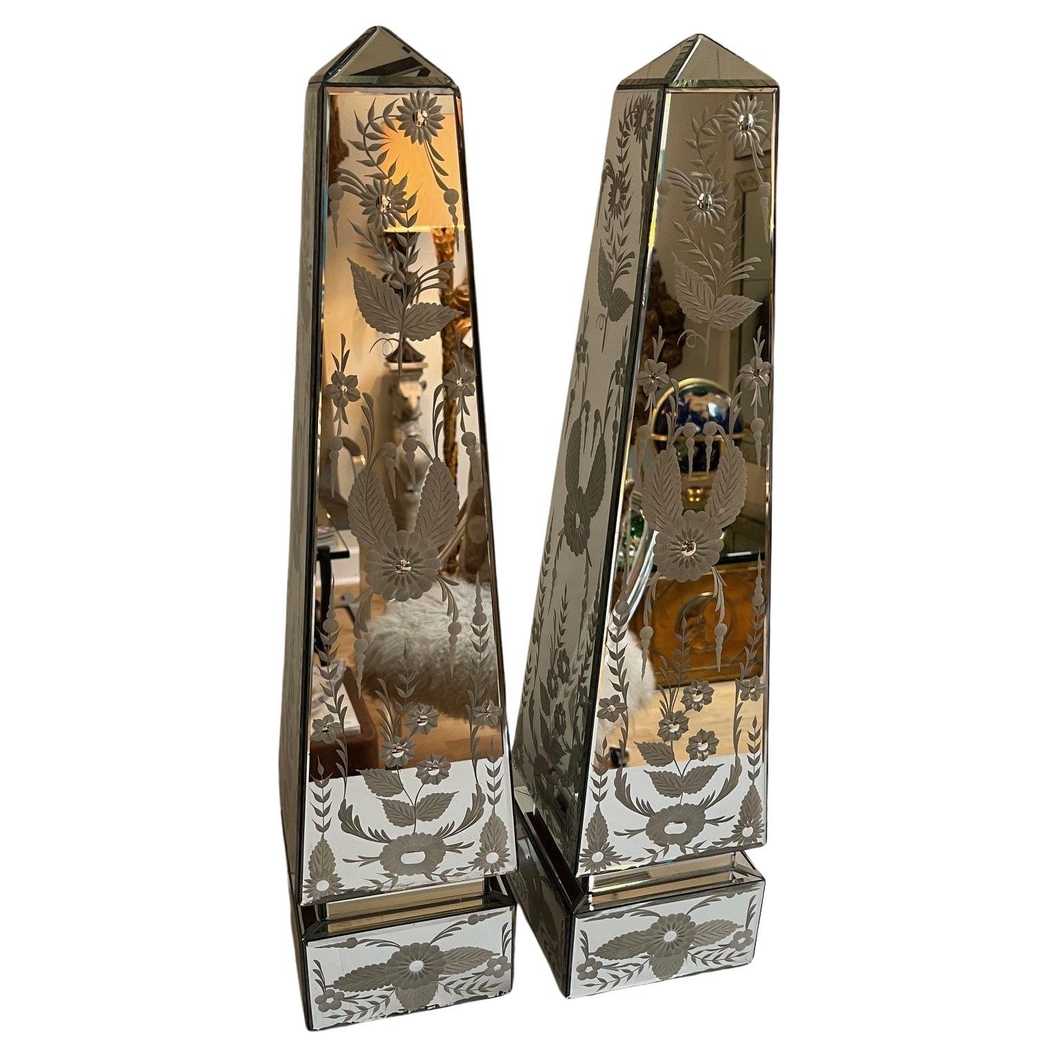 Pair of Exquisite Etched Floral Designs Mirrored Obelisk For Sale