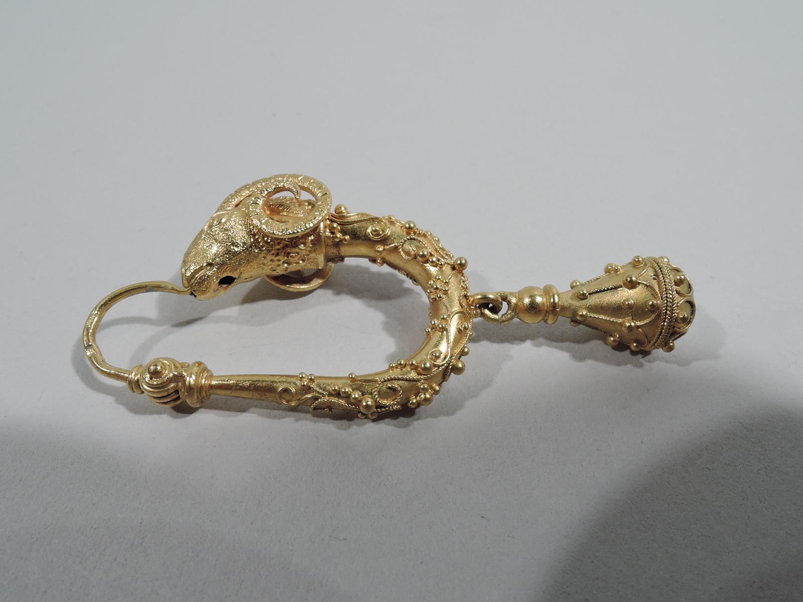 Women's Pair of Exquisite Etruscan Revival 18K Gold Ram Head Earrings