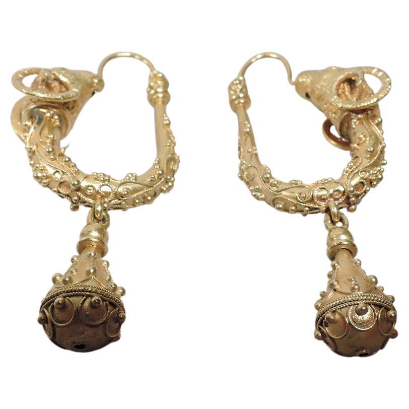 Pair of Exquisite Etruscan Revival 18K Gold Ram Head Earrings