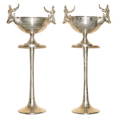PAIR OF EXQUISITE EXTRA LARGE 114.5CM TALL STAG CHAMPAGNE BUCKETS ON SiDE TABLES