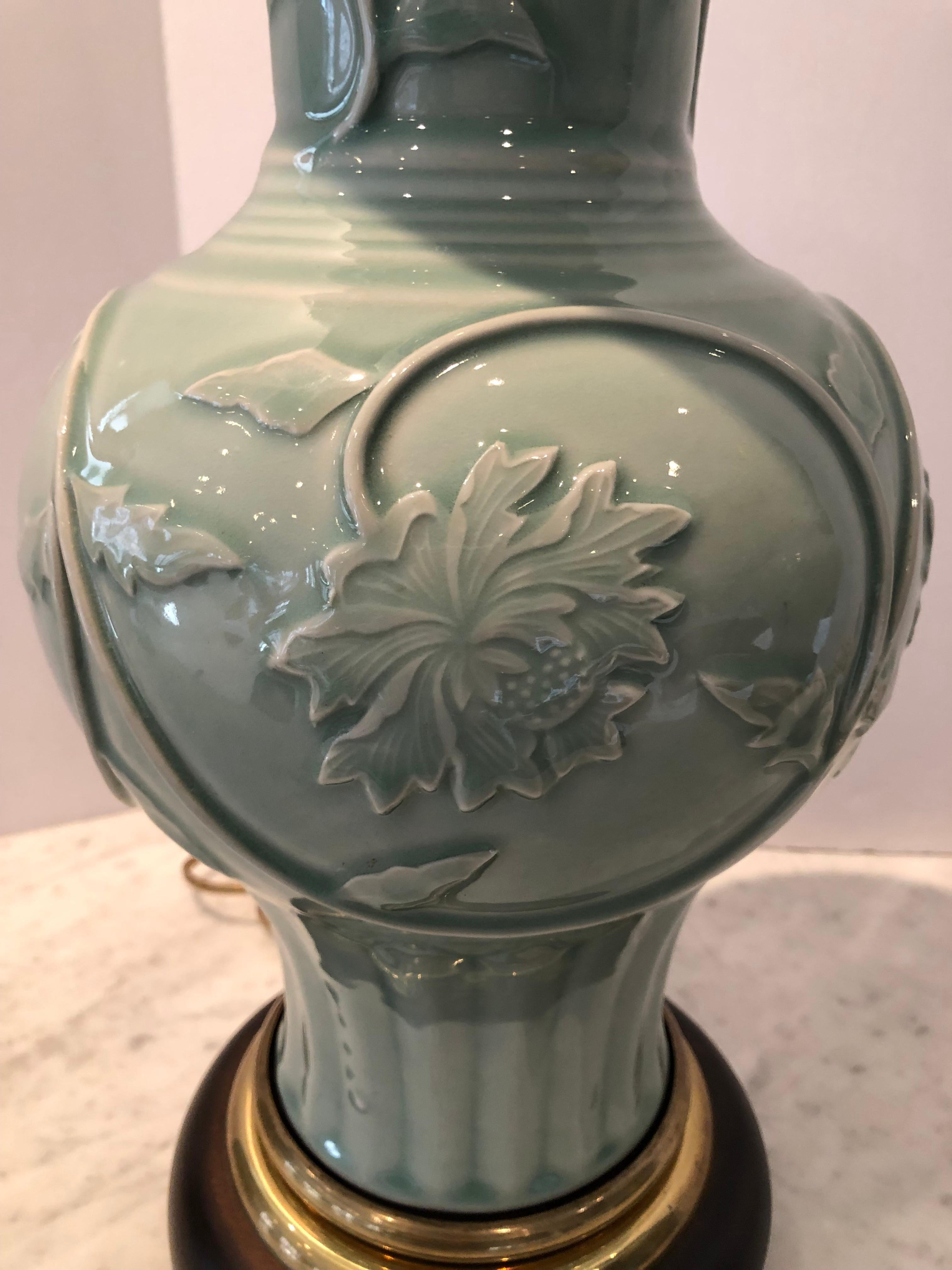 American Pair of Exquisite Frederick Cooper Celadon Embossed Porcelain Table Lamps