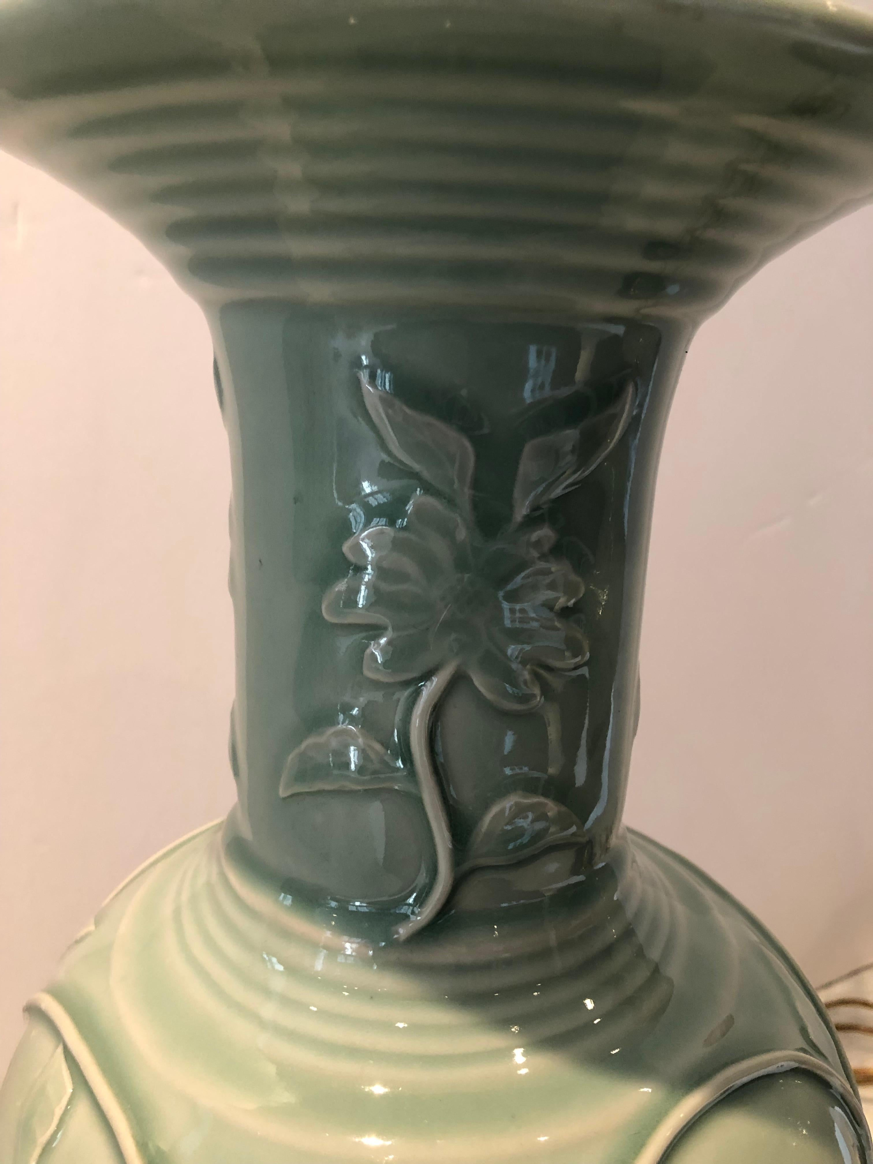 Pair of Exquisite Frederick Cooper Celadon Embossed Porcelain Table Lamps In Excellent Condition In Hopewell, NJ