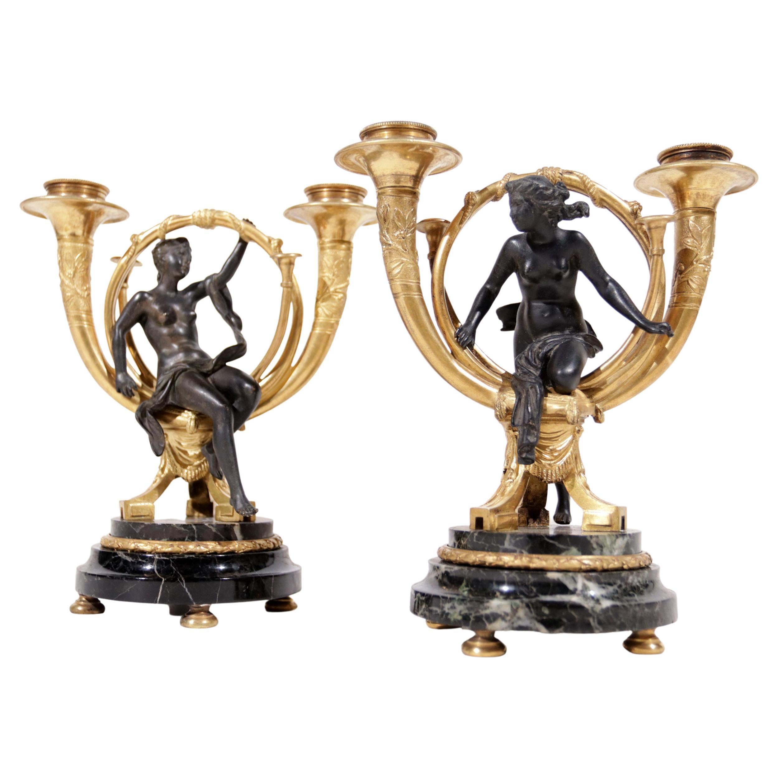 Pair of Exquisite French Empire Gilt Bronze Two-Light Candelabra ca 1820