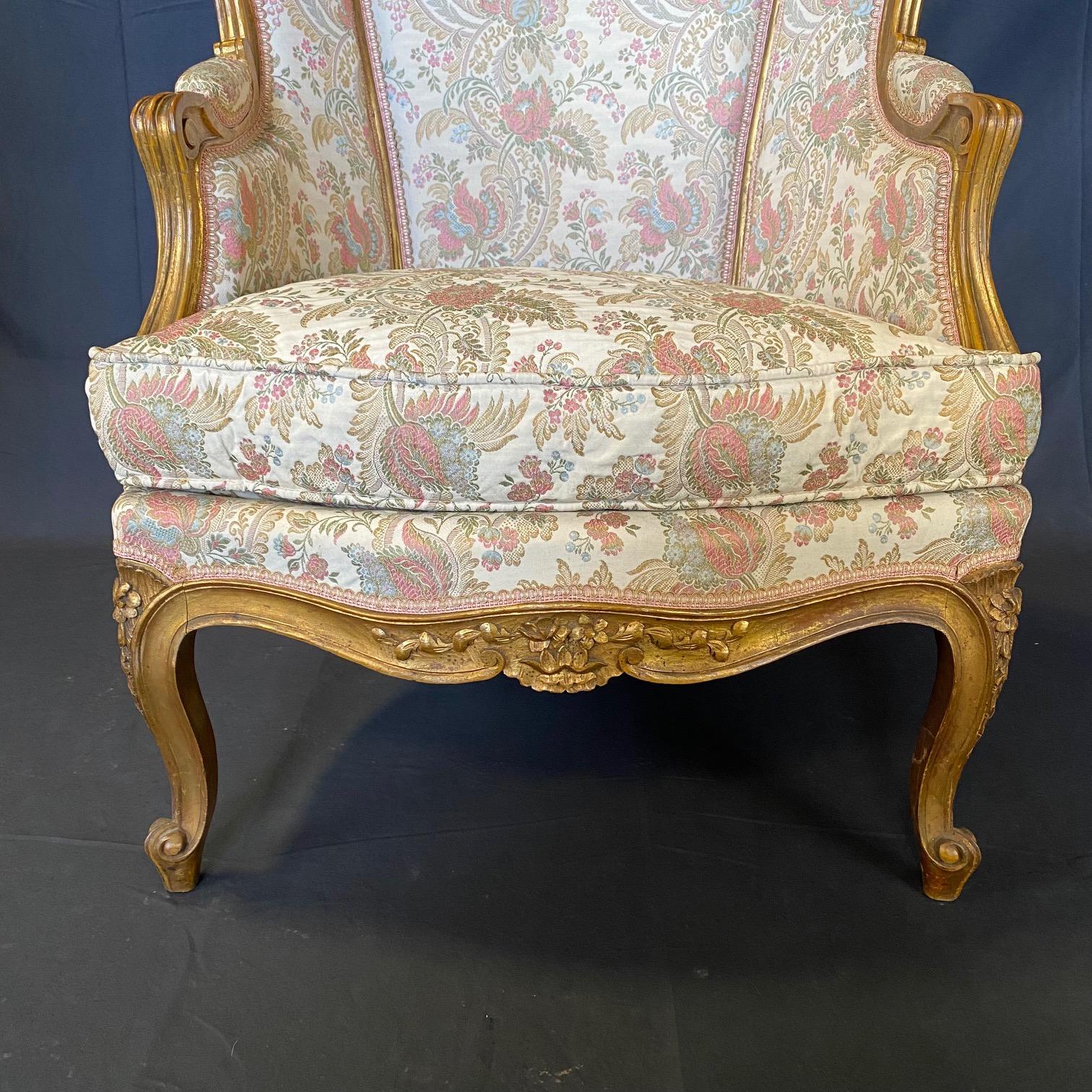 Pair of Exquisite French Louis XV Giltwood Wingback Chairs For Sale 6