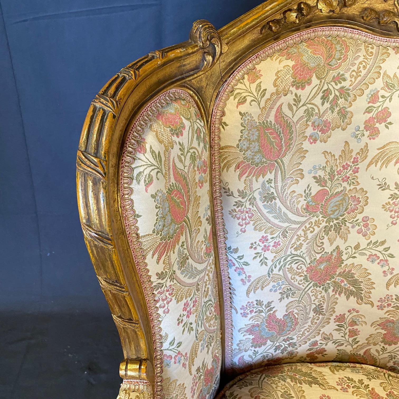Pair of Exquisite French Louis XV Giltwood Wingback Chairs For Sale 8