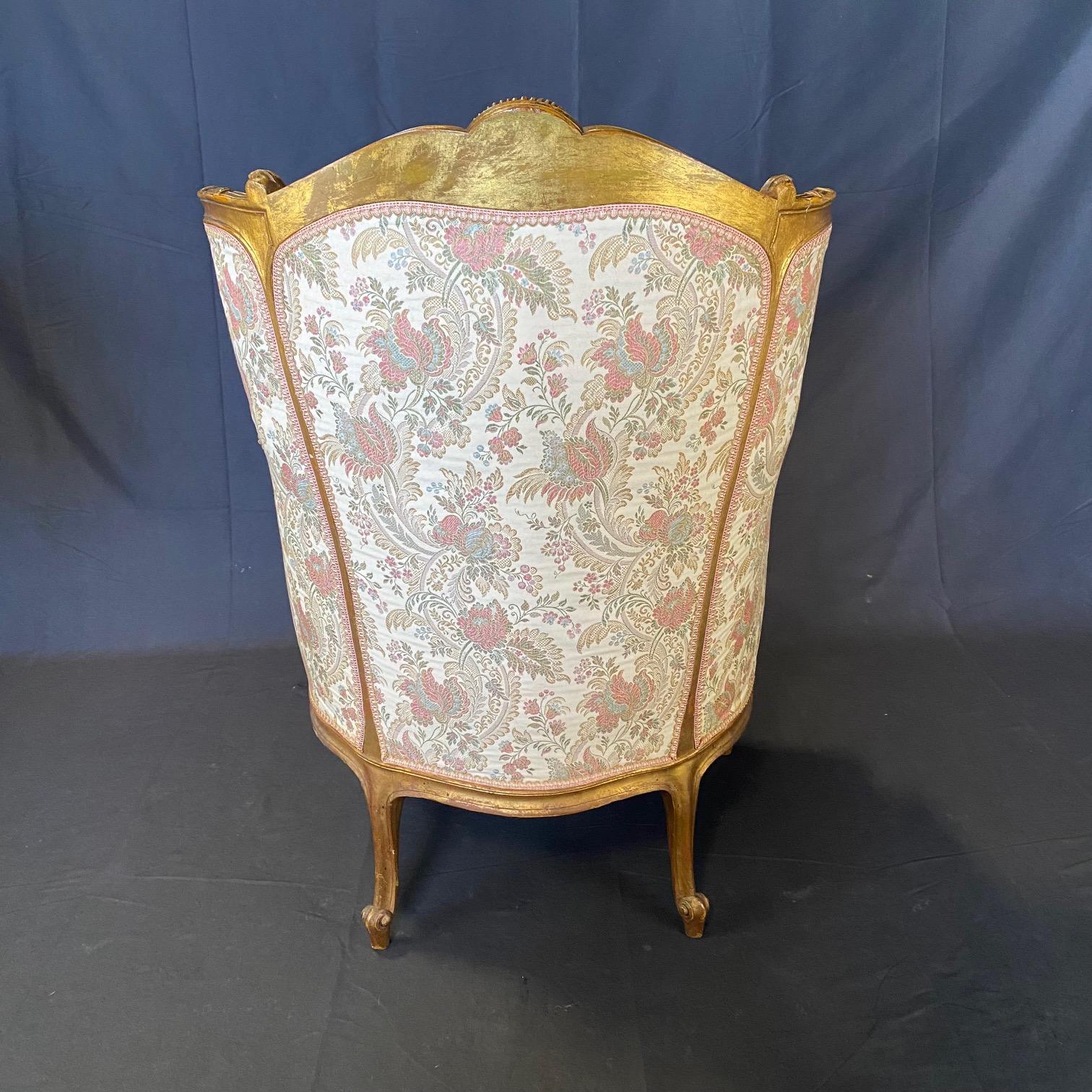 19th Century Pair of Exquisite French Louis XV Giltwood Wingback Chairs For Sale