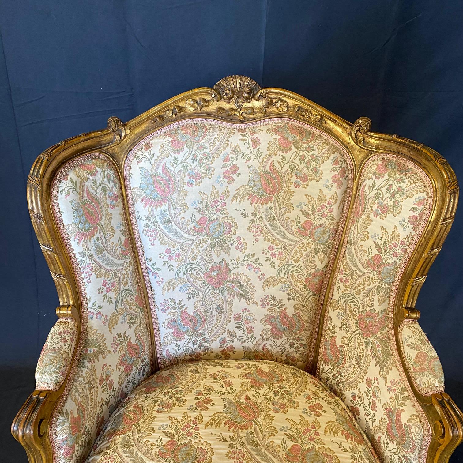 Pair of Exquisite French Louis XV Giltwood Wingback Chairs For Sale 1