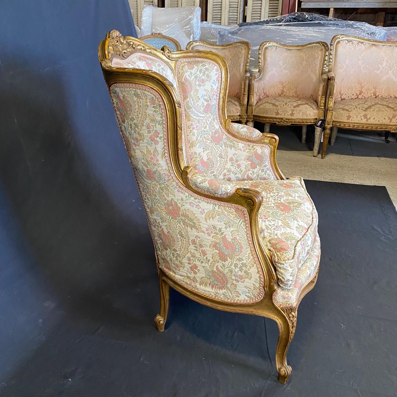 Pair of Exquisite French Louis XV Giltwood Wingback Chairs For Sale 2