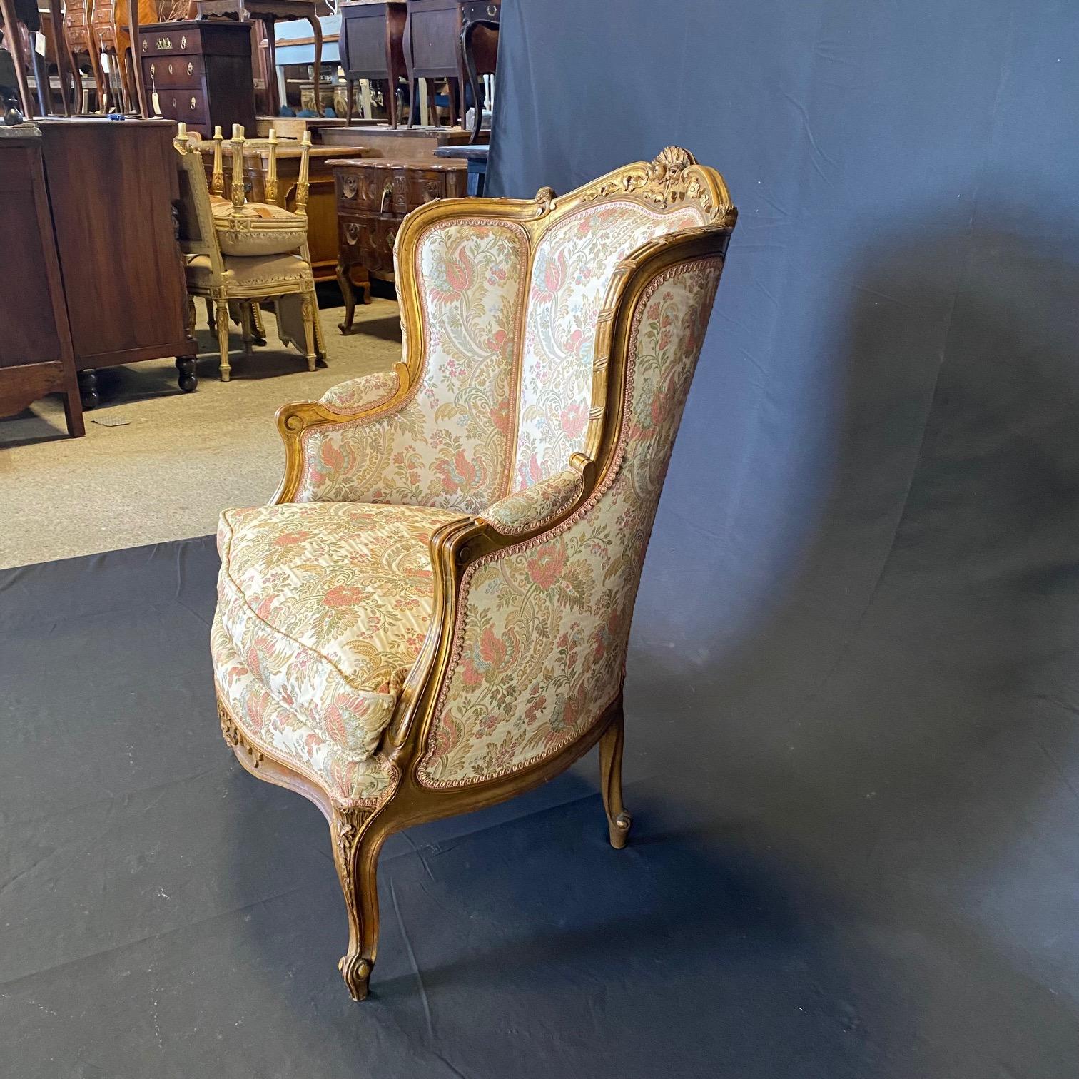 Pair of Exquisite French Louis XV Giltwood Wingback Chairs For Sale 4