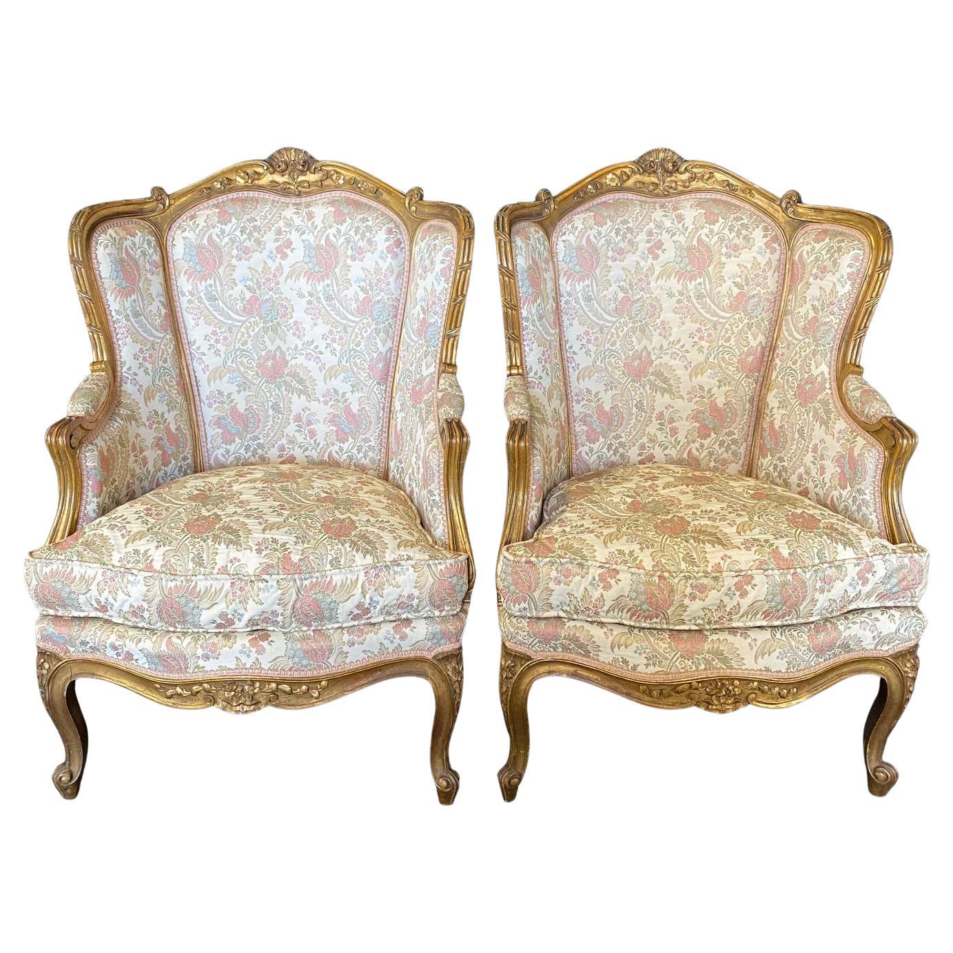 Pair of Exquisite French Louis XV Giltwood Wingback Chairs 