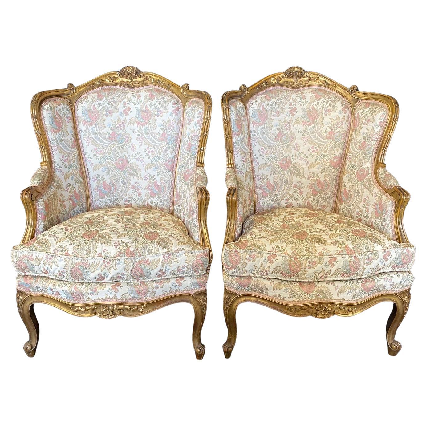 Pair of Exquisite French Louis XV Giltwood Wingback Chairs