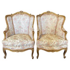 Antique Pair of Exquisite French Louis XV Giltwood Wingback Chairs 