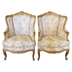 Pair of Exquisite French Louis XV Giltwood Wingback Chairs 