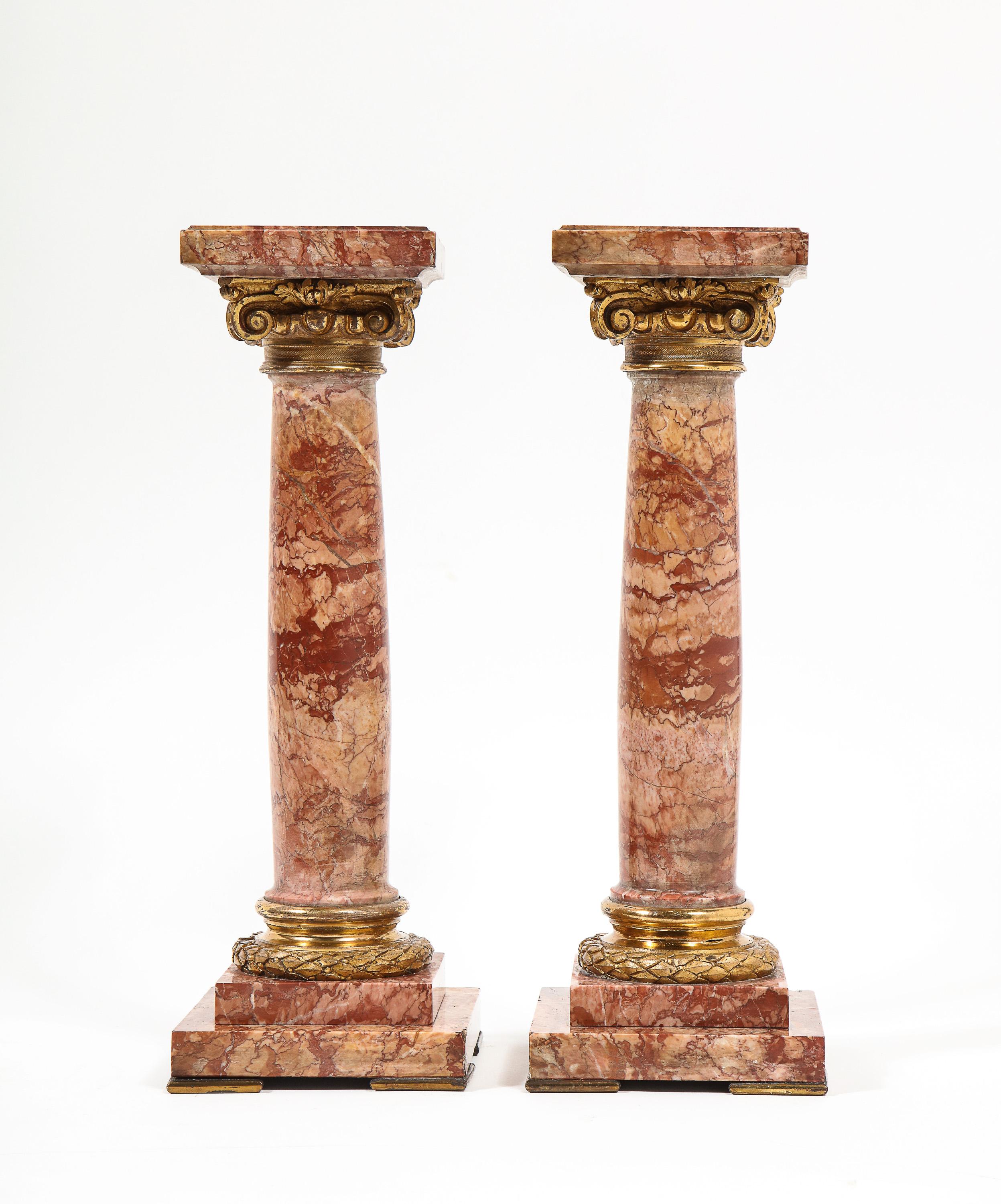 Pair of exquisite French ormolu mounted Jasper columns pedestals, circa 1870

Very fine jasper and French bronze / ormolu columns, and very decorative. Would look good in any room, especially on a console table.

Measures: 14