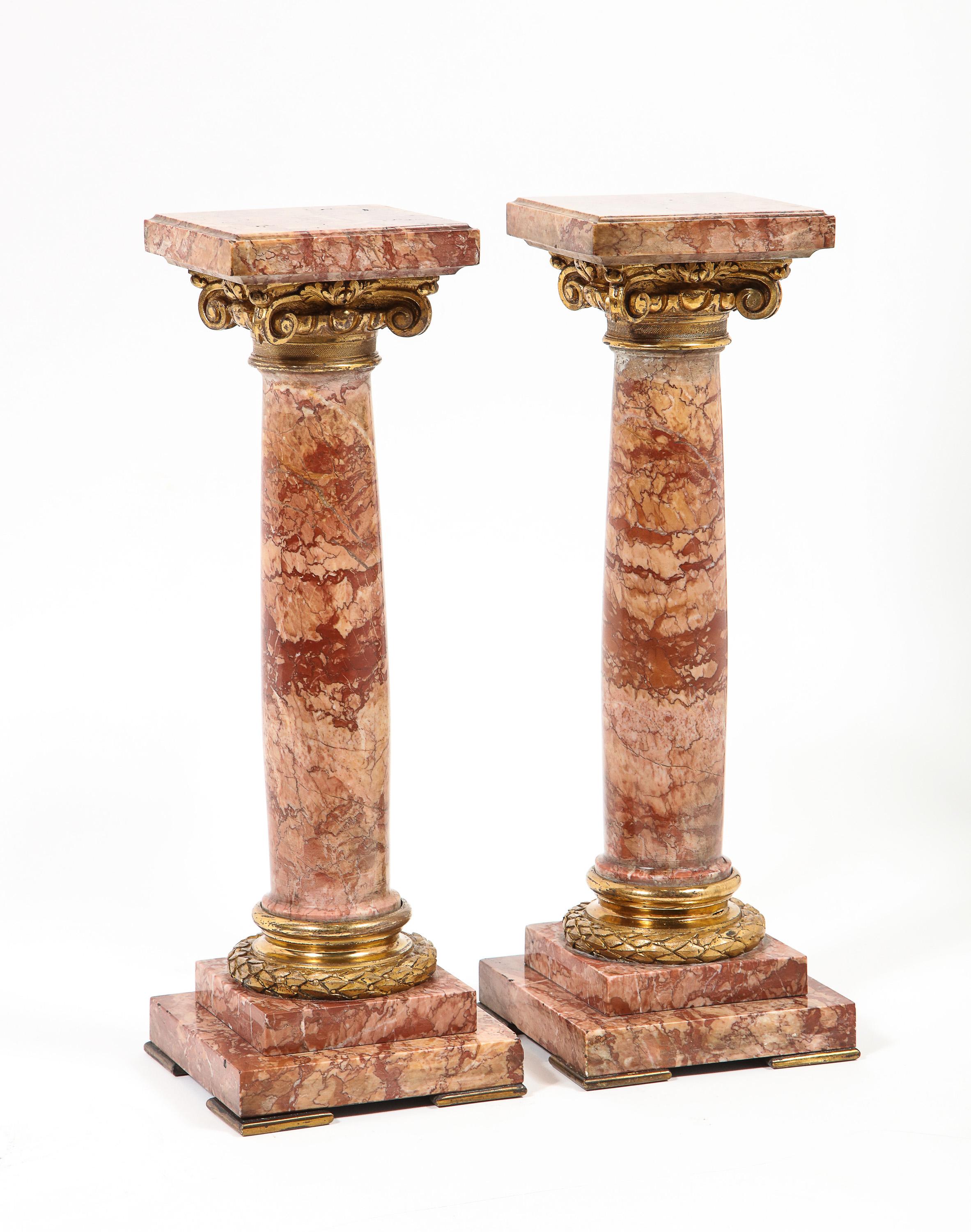 Grand Tour Pair of Exquisite French Ormolu Mounted Jasper Columns Pedestals, circa 1870