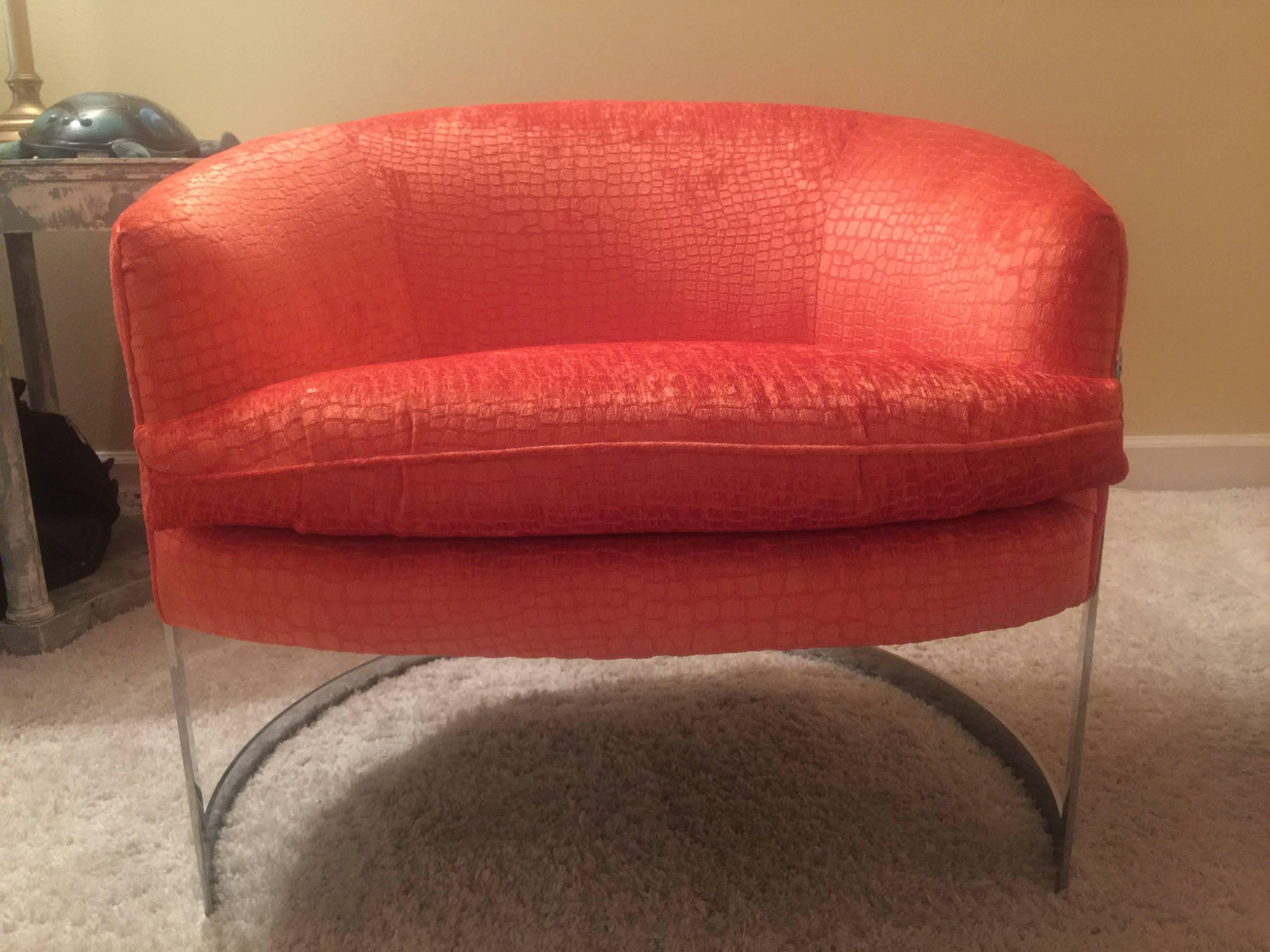 Mid-Century Modern Pair of Exquisite Milo Baughman Chrome Side Chairs in Faux Coral Alligator